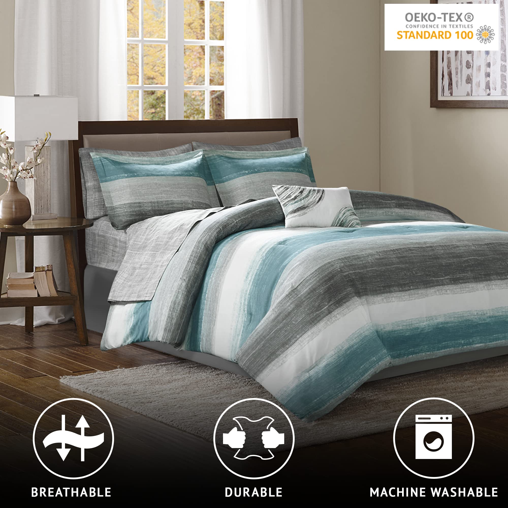 Madison Park Essentials Queen Comforter Set, Bed In A Bag Queen, Watercolor Print Coastal Comforter & Chambray Cotton Sheet Set, All Season Bedding Set, Saben, Aqua Queen (90 In X 90 In) 9 Piece