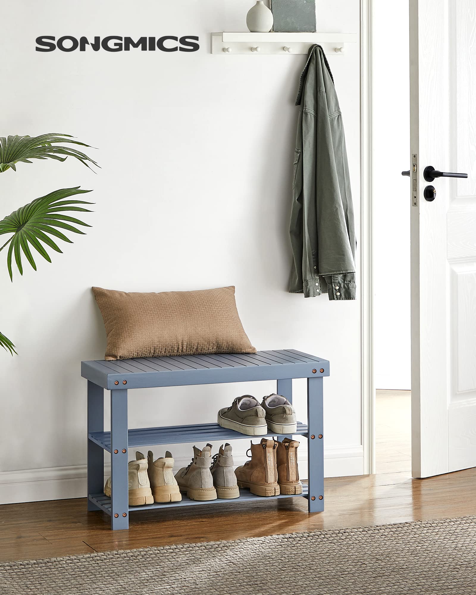 Songmics Shoe Rack Bench, 3-Tier Bamboo Shoe Storage Organizer, Entryway Bench, Holds Up To 286 Lb, 11.3 X 27.6 X 17.8 Inches, For Entryway Bathroom Bedroom, Grey Ulbs04Gy