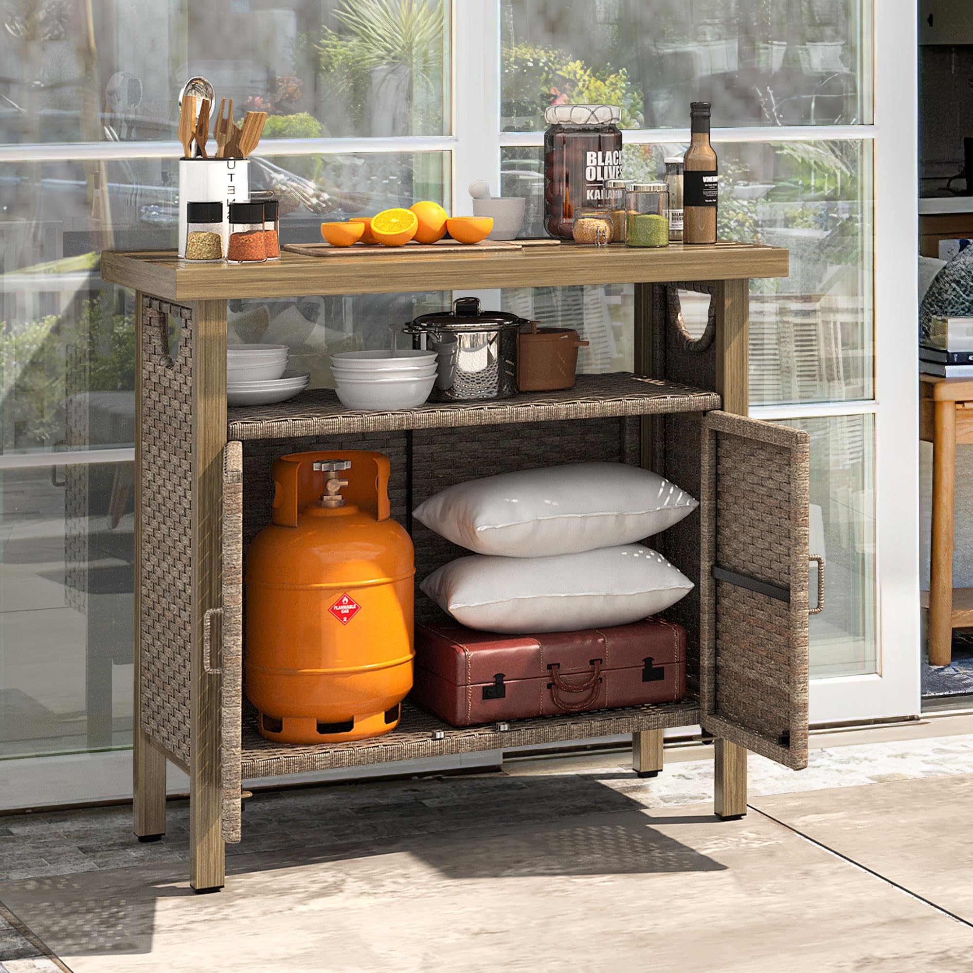Yitahome Outdoor Storage Cabinet, Patio Bar Table With Two Doors And Shelves, Weatherproof Wicker Storage Console Table For Outdoor Cushions, Pool Toys And Garden Potting - Brown