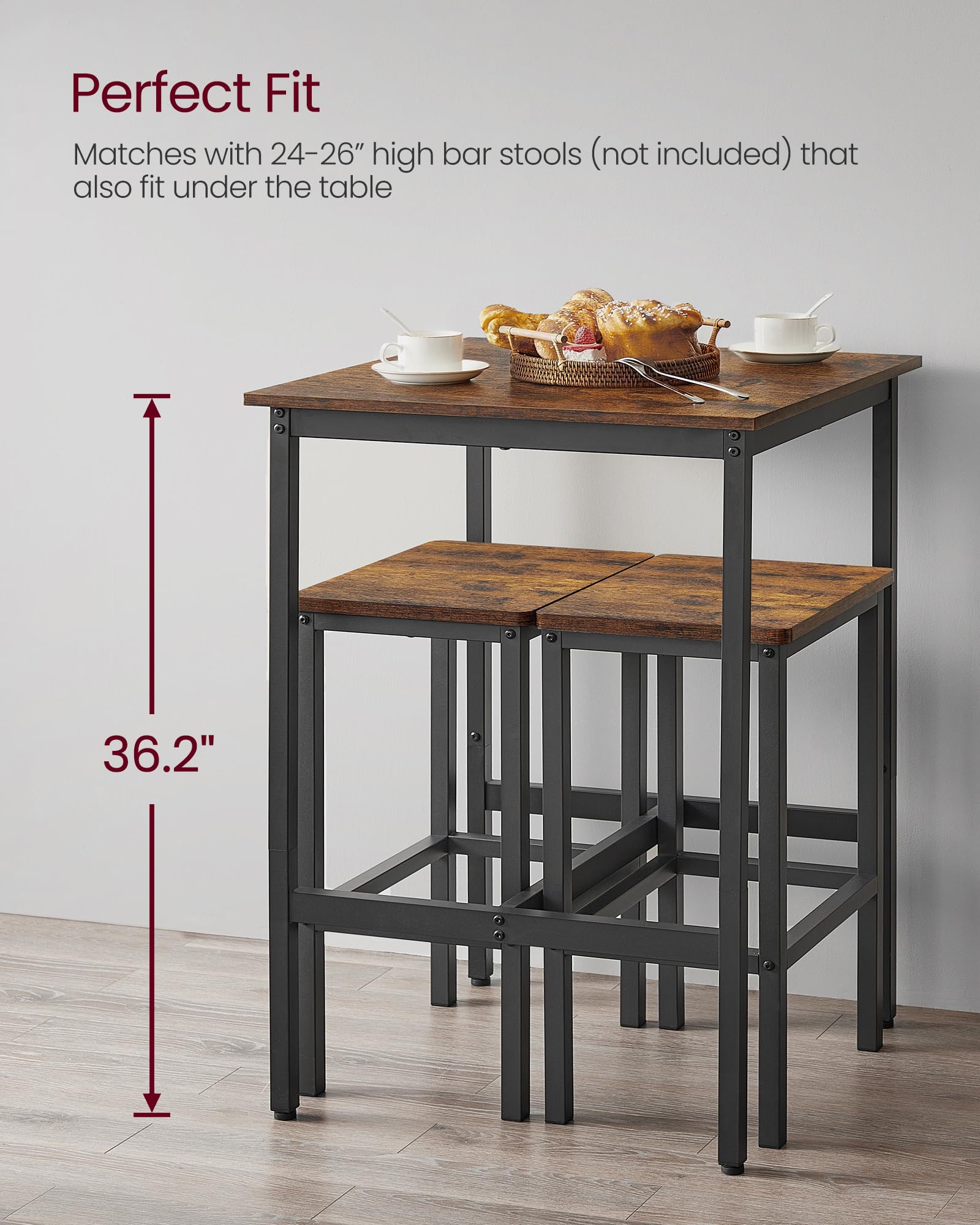 Vasagle Bar Table, Small Kitchen Dining Table, High Top Pub Table, Height Cocktail Table For Living Room Party, Sturdy Metal Frame, 23.6 X 23.6 X 36.2 Inches For Narrow Spaces, Rustic Brown And Black