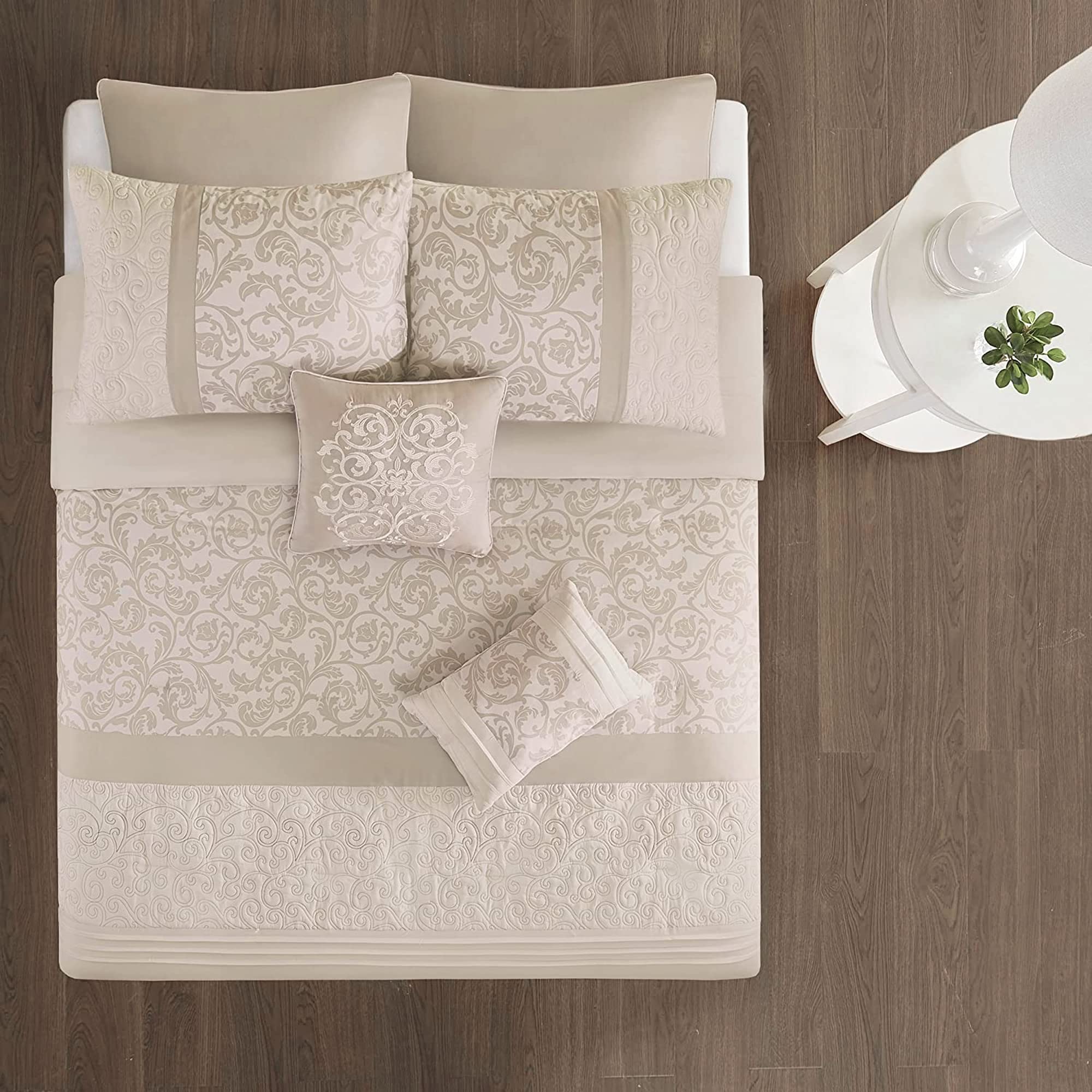 510 Design Luxe Quilted Comforter Set Modern Transitional Design, All Season Down Alternative Warm Bedding Matching Shams, Bedskirt, Decorative Pillow, King, Ramsey Damask Neutral