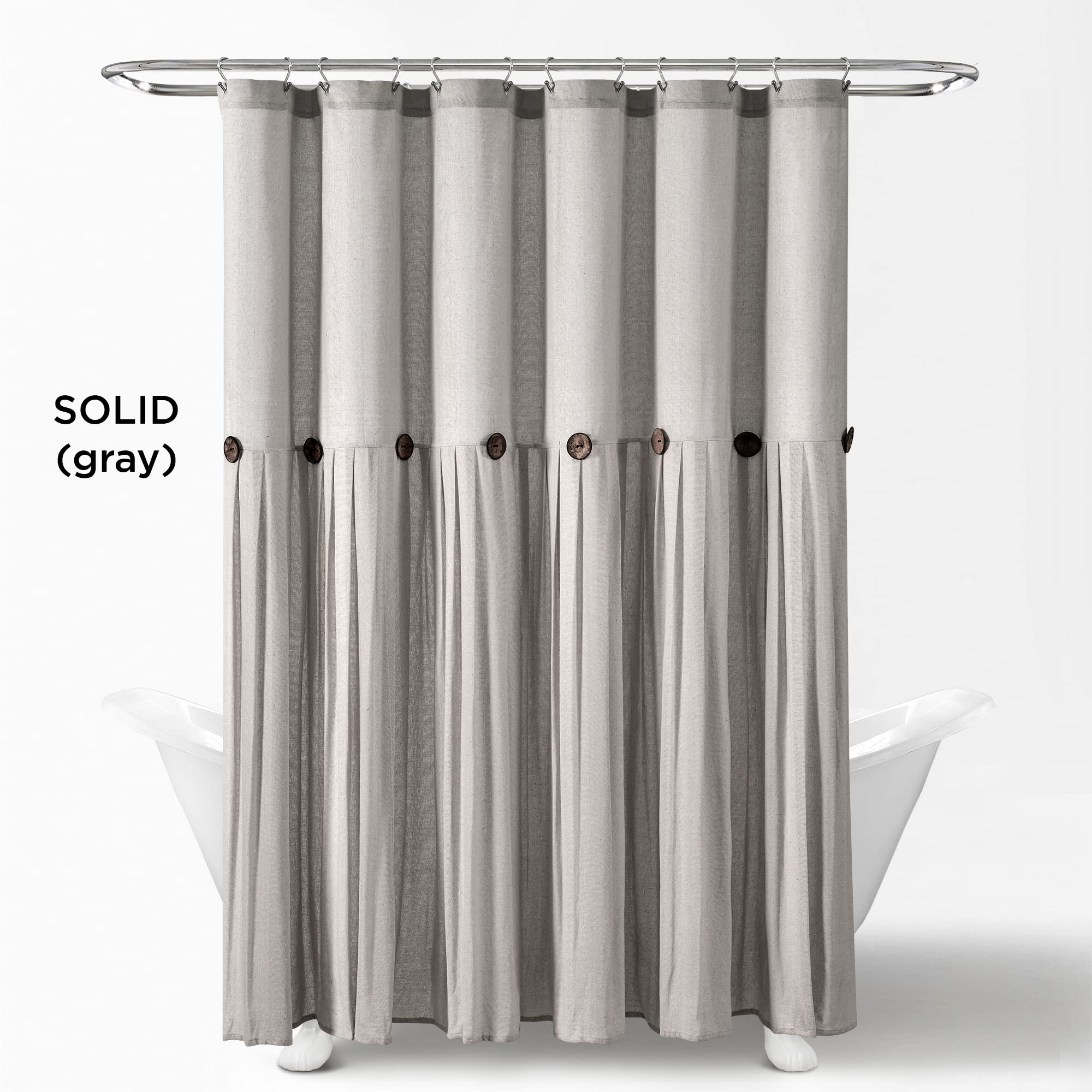 Lush Decor Linen Button Shower Curtain, 72'' W X 72'' L, Gray - Rustic Shower Curtain - Color Block Bath Curtain With Coconut Bu