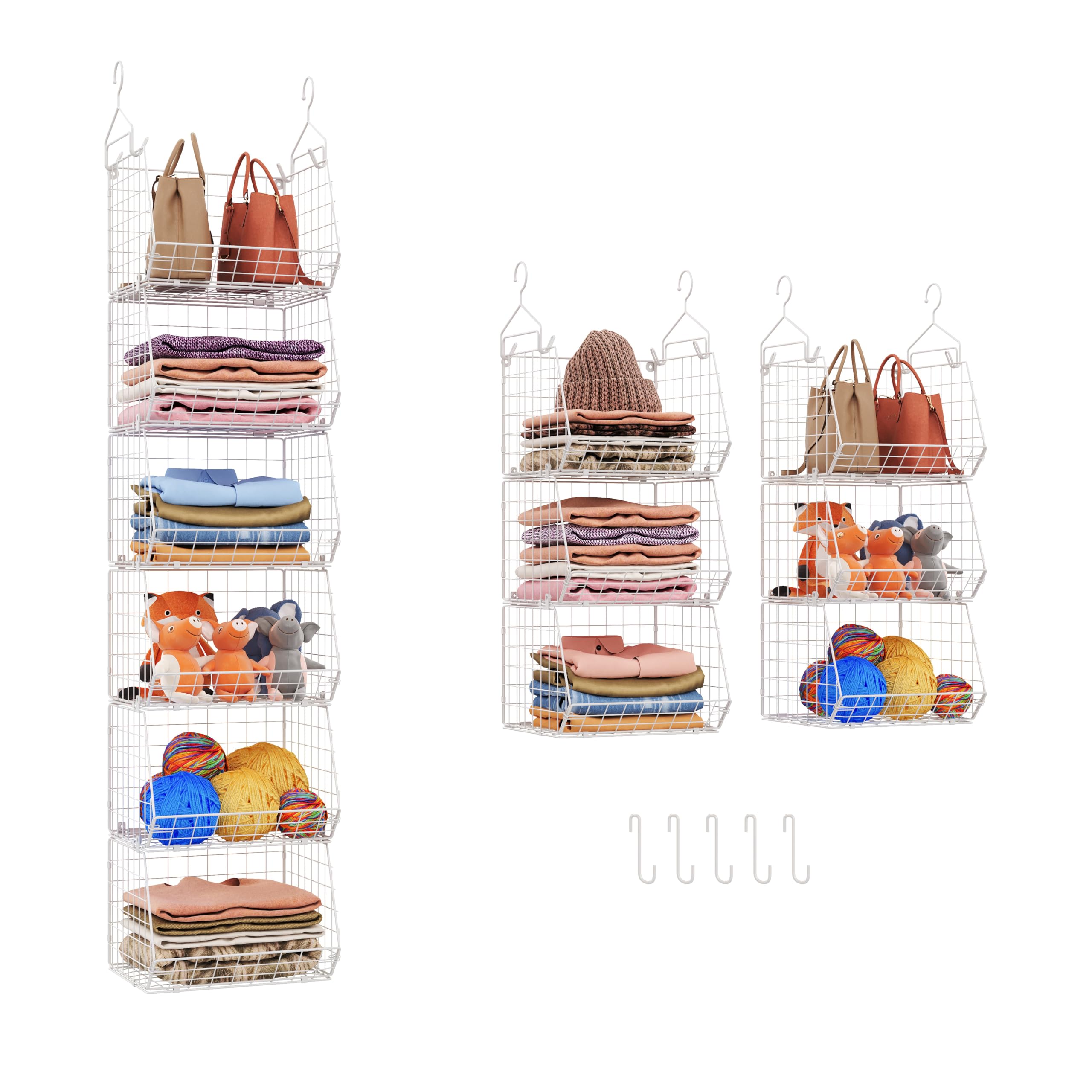 X-cosrack 6 Tier Closet Hanging Organizer, Clothes Hanging Shelves with 4 Hanging Hooks 5 S Hooks, Wire Storage Basket Bins, for