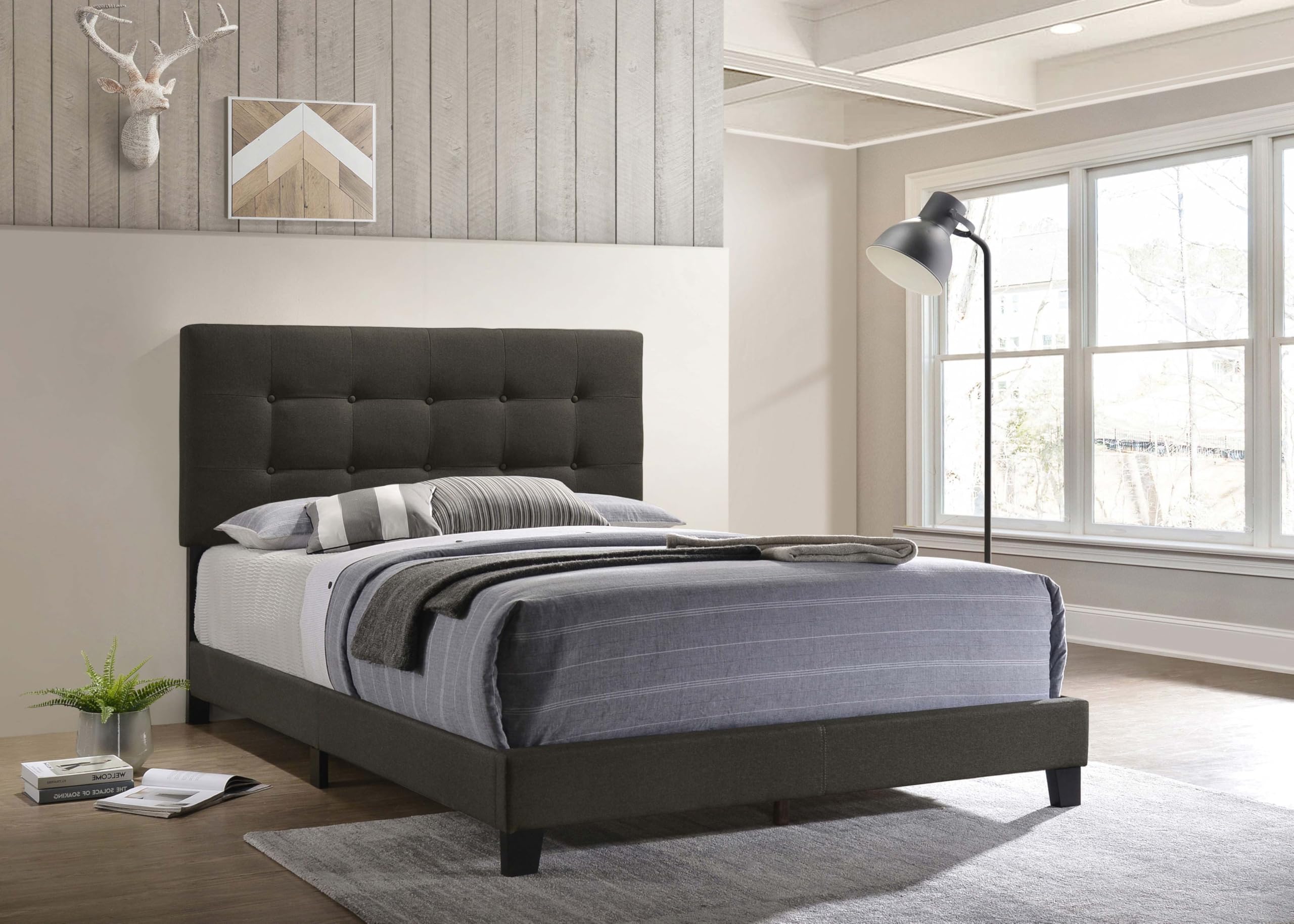 Coaster Home Furnishings Mapes Transitional Fabric Upholstered Eastern King Size Panel Bed Frame 50-inch Headboard Charcoal 305746KE