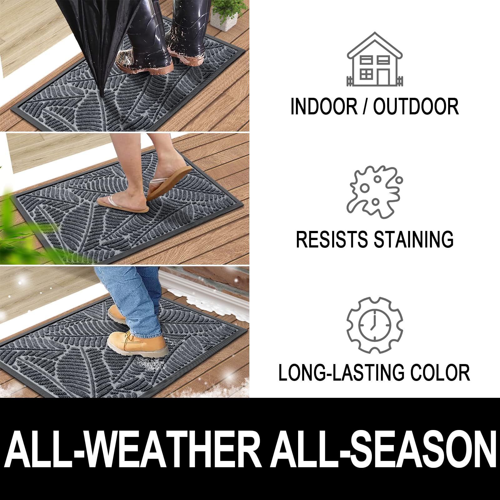 Colorxy Waterproof Doormat, Sturdy Natural Rubber Front Indoor Mat, Non Slip Low Profile Indoor Outdoor Door Mat, Stain And Fade Resistant Floor Mat, Easy Clean Patio Entrance Mat, 36''X24'', Grey
