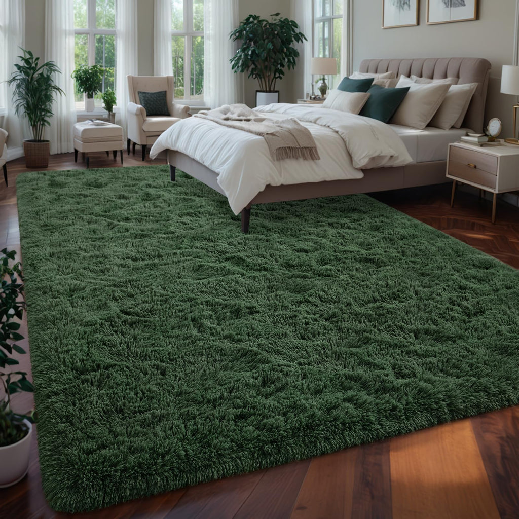 Larhom Fluffy Area Rugs For Living Room Bedroom, 4X6 Dark Green Ultra Soft Plush Fuzzy Rug, Anti-Skid Indoor Carpet Nursery Rugs