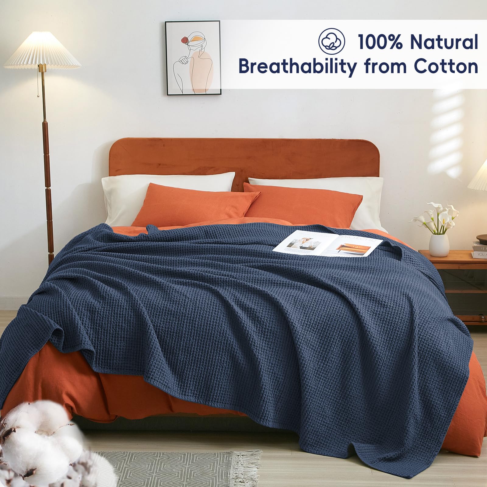 Phf 100% Cotton Waffle Weave Blanket Queen Size 90'X90'-Lightweight Cozy Washed Soft Breathable Throw - Perfect Layer For Couch Bed Sofa-Elegant Aesthetic Home Decoration Gift - Dark Navy