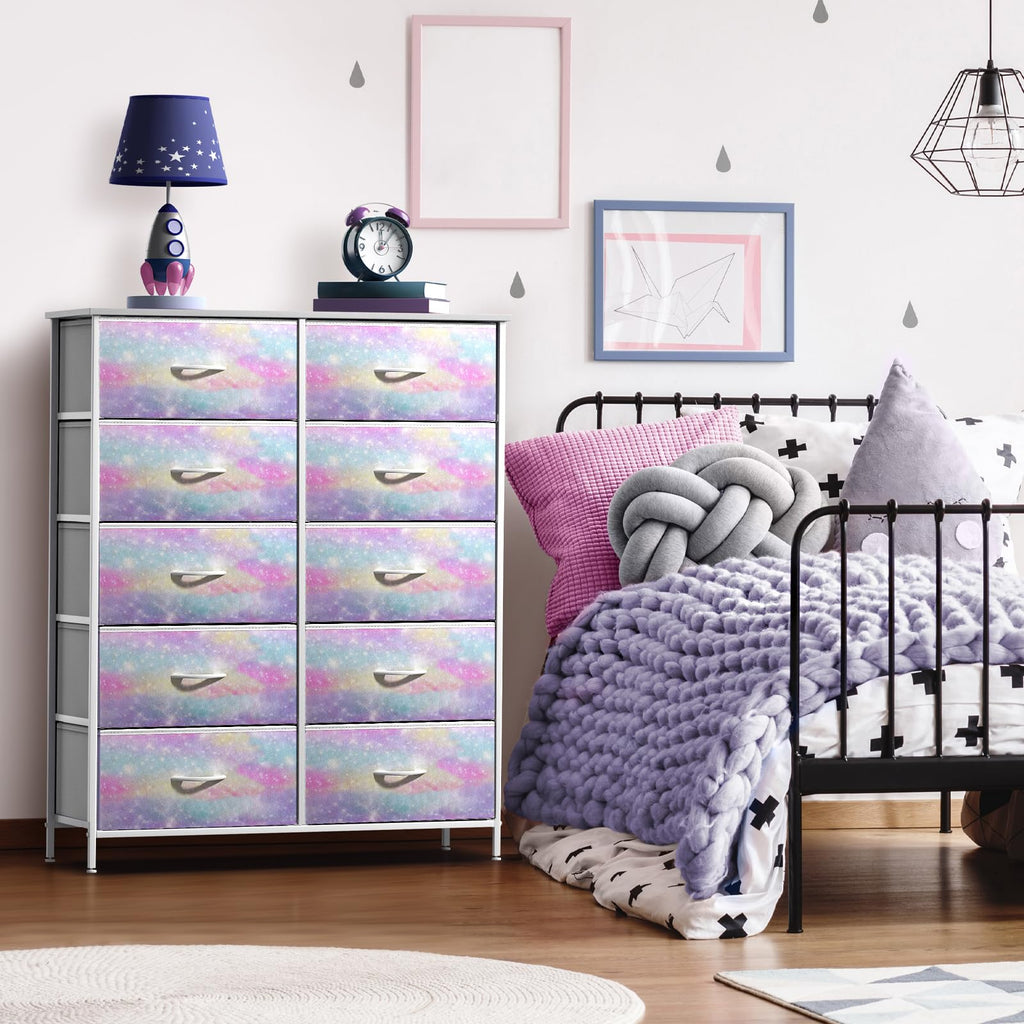 Sorbus Kids Dresser With 10 Drawers - Storage Chest Organizer Unit Nightstand - Steel Frame, Wood Top, Tie-Dye Fabric Bins For Clothes - Wide Furniture For Bedroom, Hallway, Nursery, Closet, Apartment
