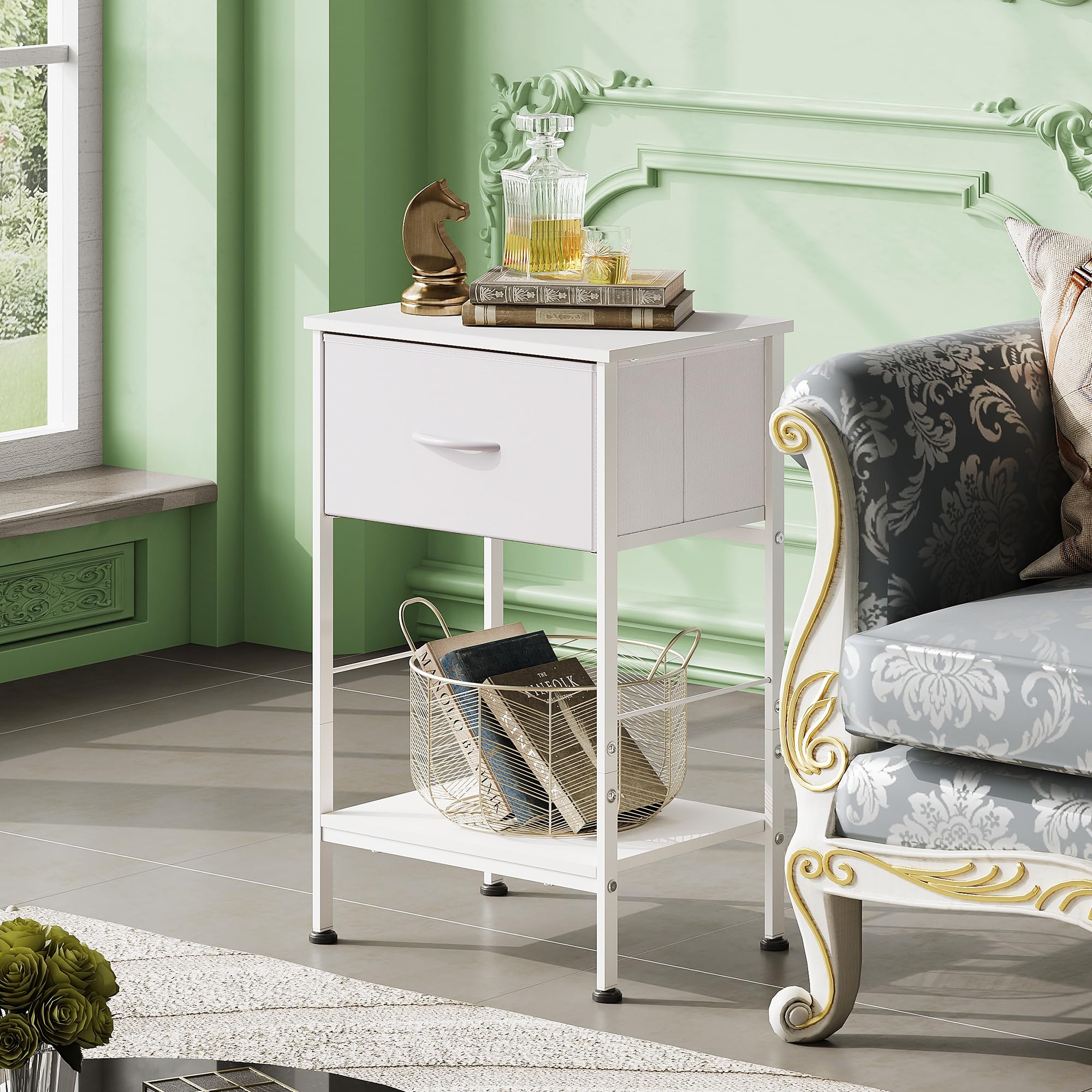 Wlive Night Stand Set 2, White Nightstand With Fabric Storage Drawer And Open Wood Shelf, End Tables Dresser For Bedroom, Bed Side Table, Dorm, 25.03' Height