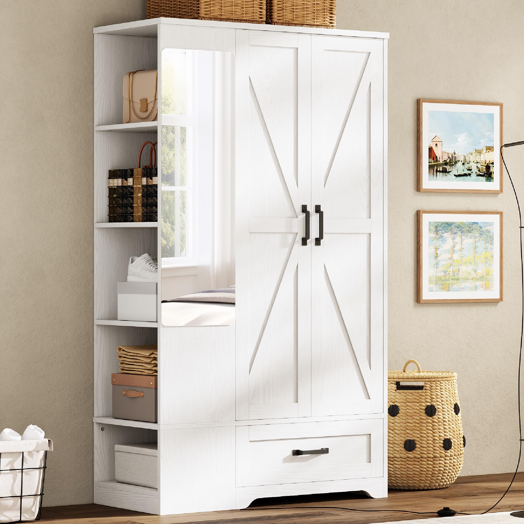 LIKIMIO Armoire Wardrobe Closet 70 Inches, Large Storage with Mirror, 2 Doors, Drawer, and Shelves, Modern Bedroom Freestanding 
