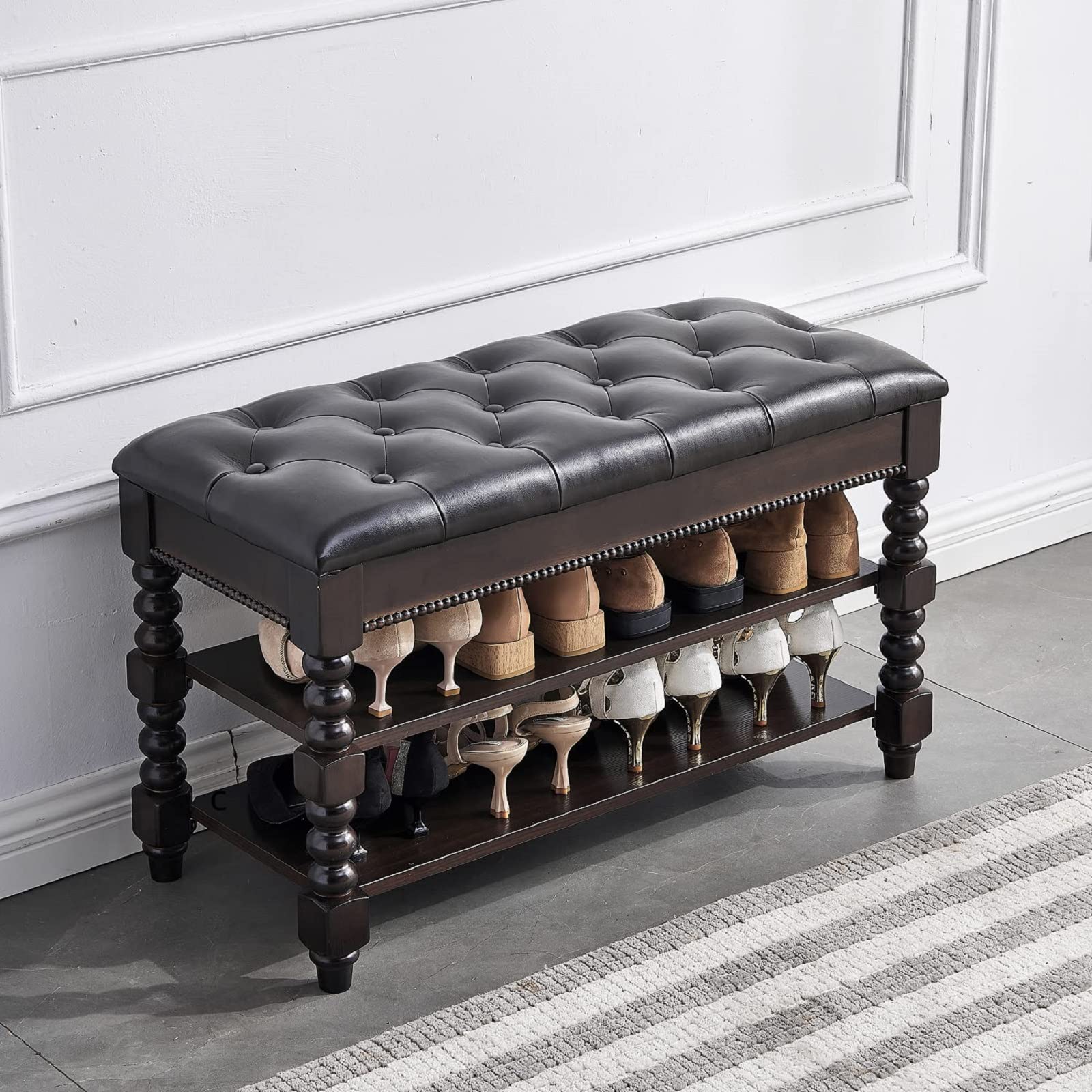 LEILISI Shoe Bench, Shoe Storage Bench with Cushion 2 Tier Lift Top Shoe Rack for Entryway Living Room Bedroom Hallway Wooden Fu