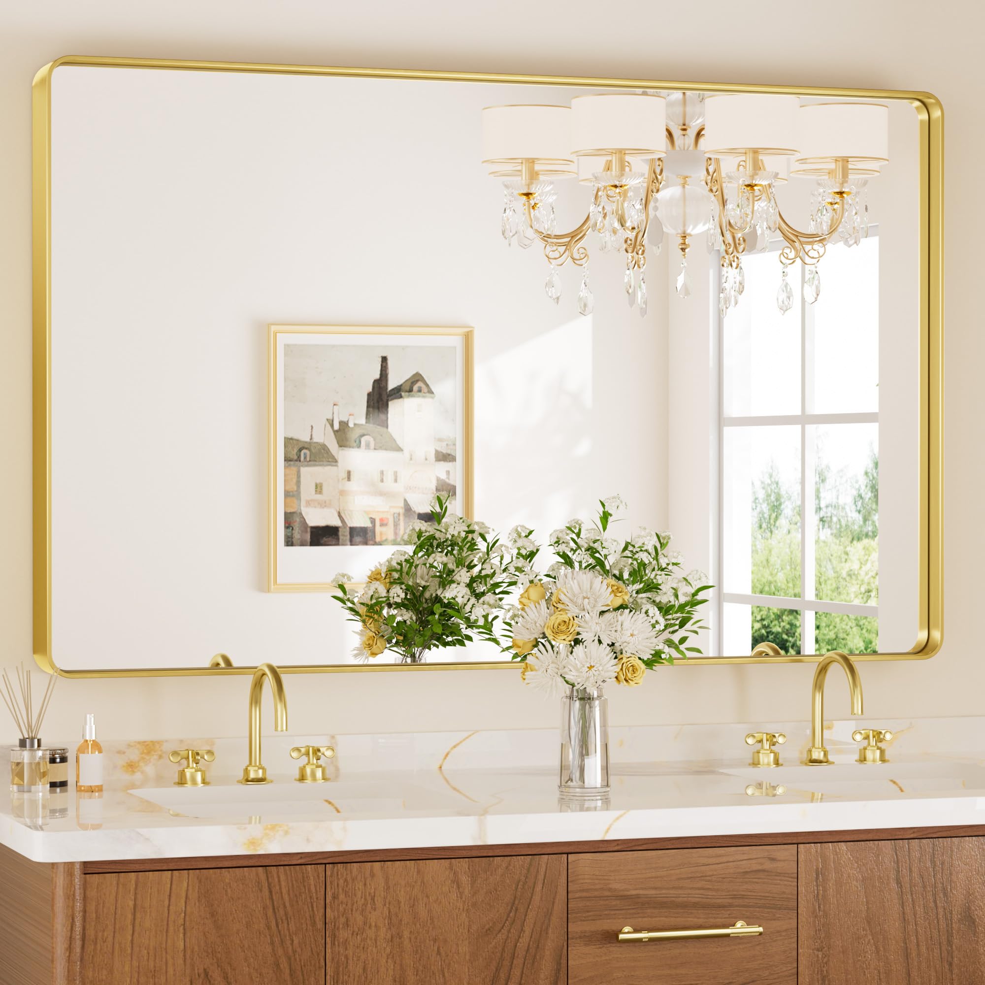 Keonjinn Brushed Gold Bathroom Mirror 48 x 30 Inch Large Rounded Rectangle Vanity Mirror, Brass Gold Wall Mirror with Shatterpro