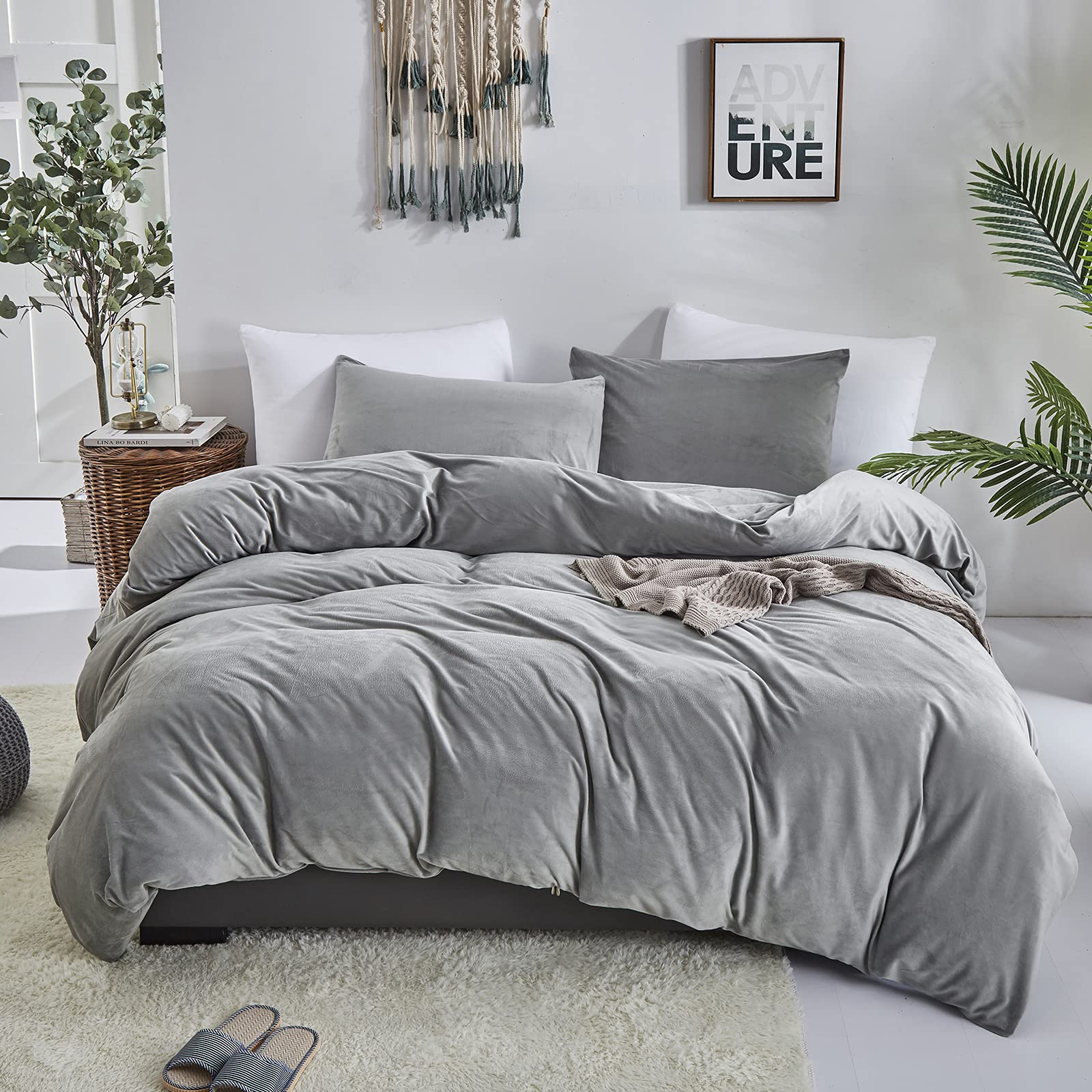 Clothknow Grey Comforter Set Queen Fluffy Bedding Comforter Sets Full Velvet Men Women Boys Bedding Sets Dark Gray Flannel Bedding Comforter Full 3Pcs Comforter Sets Queen