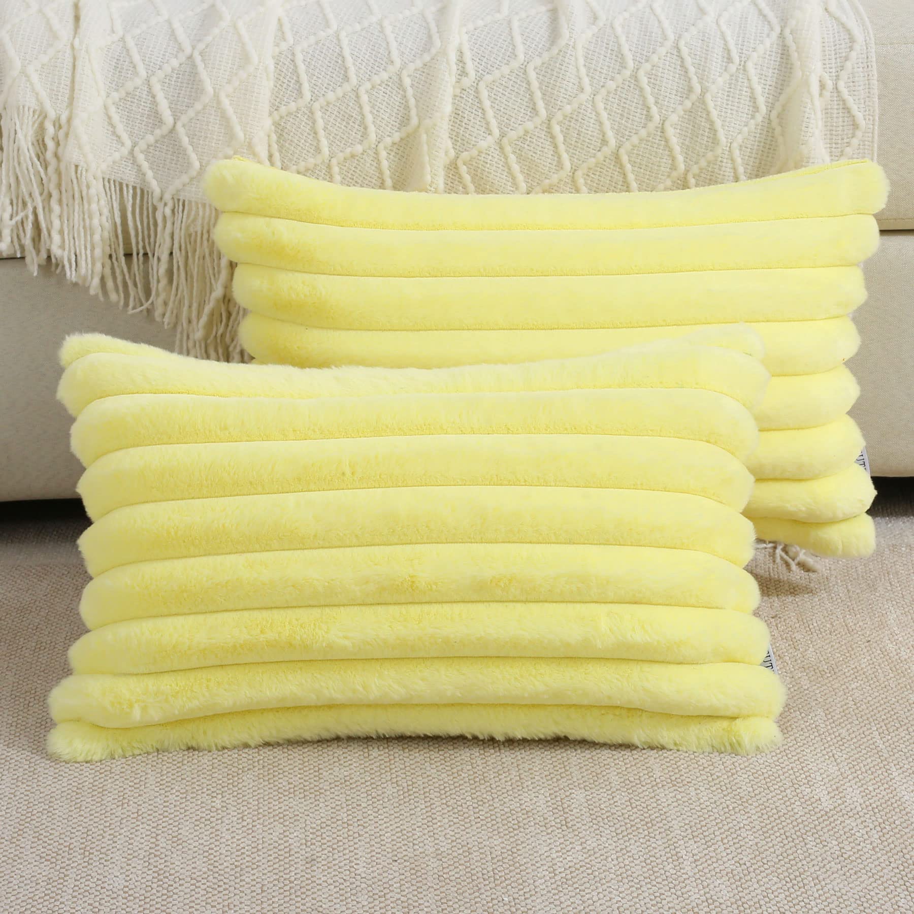 Futei Yellow Striped Decorative Throw Pillow Covers 12X20 Inch Set Of 2,Rectangle Winter Decorations Couch Lumbar Pillowcase,Sof