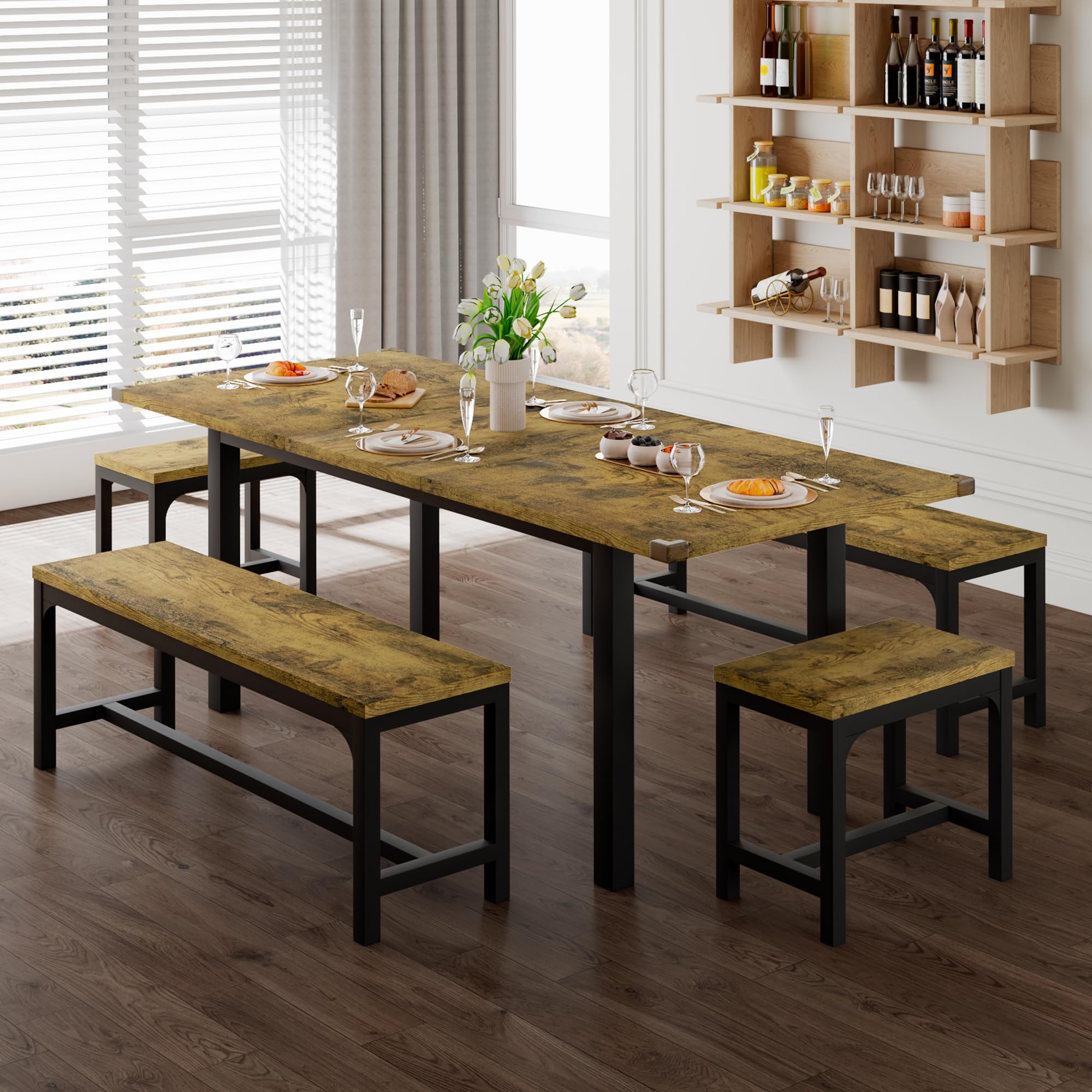 Feonase 5-Piece Dining Table for 4-8 People, 63'' Extendable Kitchen Table Set with 2 Benches & 2 Square Stools, Dining Room Tab