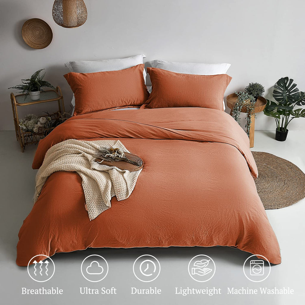 Mildly Super Soft Duvet Cover - 100% Washed Microfiber Rust Comforter Cover Set 3 Pieces With Zipper Closure & Corner Ties (No C