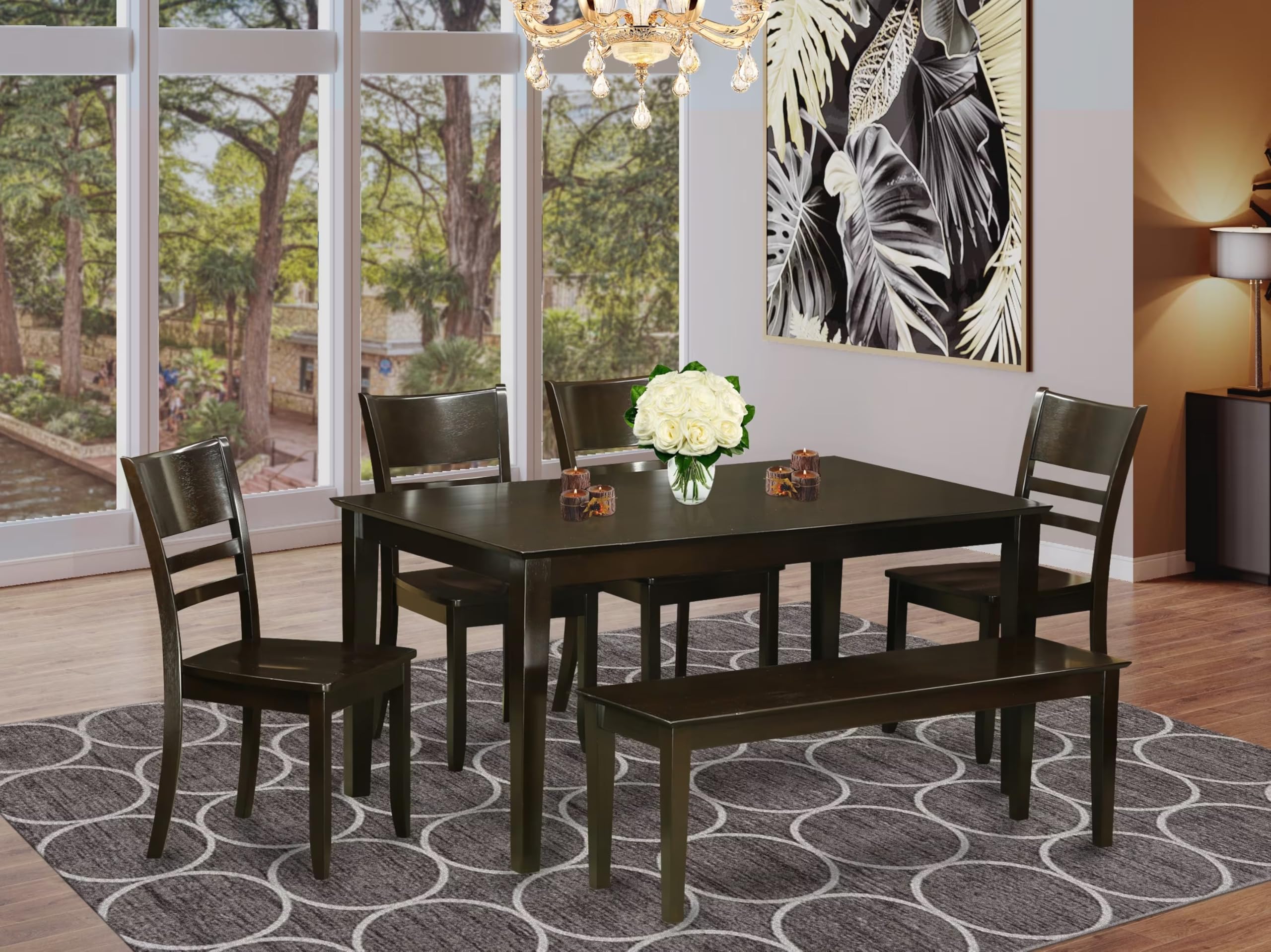 East West Furniture CALY6-CAP-W 6 Piece Kitchen Table & Chairs Set Contains a Rectangle Dining Table and 4 Dining Room Chairs with a Bench, 36x60 Inch, Cappuccino