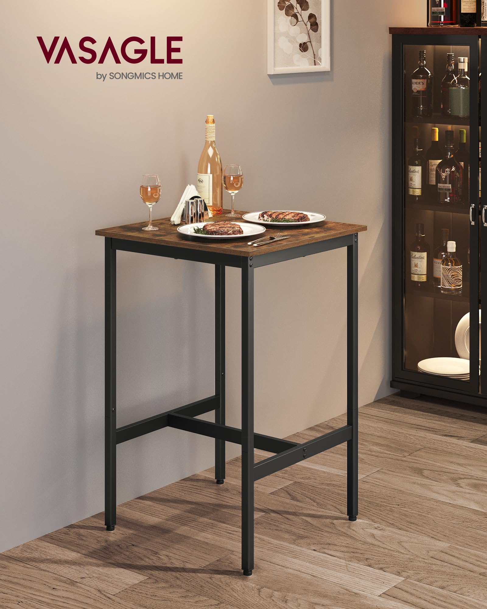 Vasagle Bar Table, Small Kitchen Dining Table, High Top Pub Table, Height Cocktail Table For Living Room Party, Sturdy Metal Frame, 23.6 X 23.6 X 36.2 Inches For Narrow Spaces, Rustic Brown And Black
