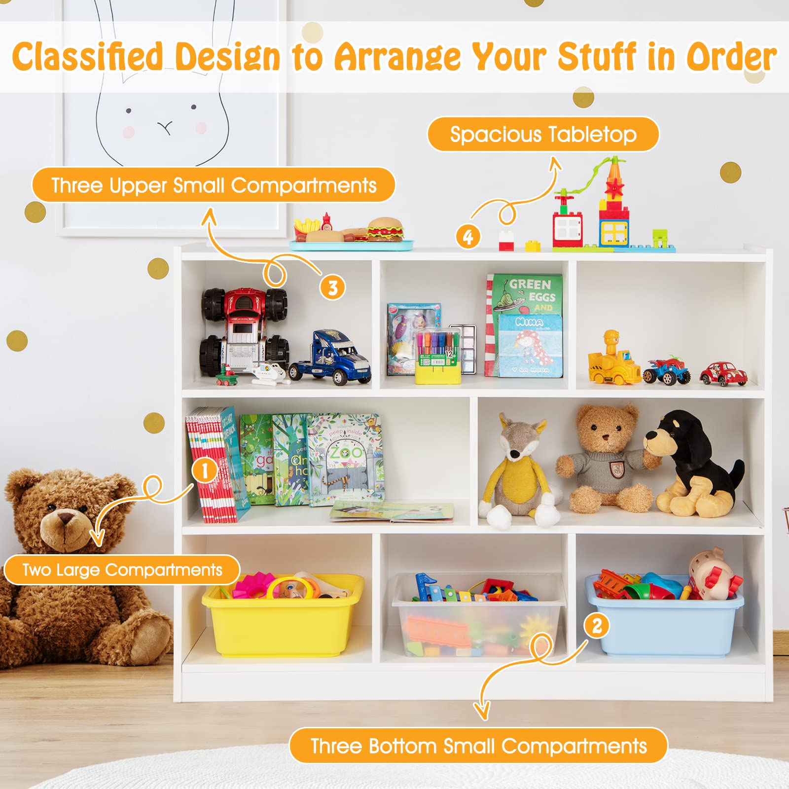 Honey Joy Kids Storage Organizer, 8-Section Wooden Display Shelf For Classroom, Playroom, Nursery, Kindergarten