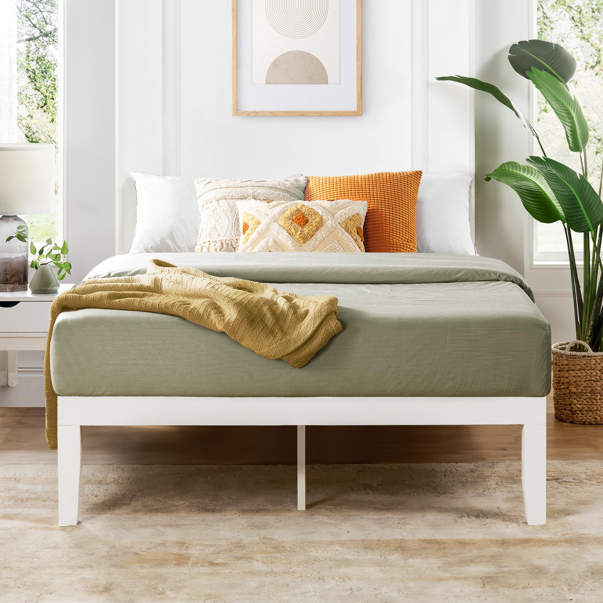 Mellow Naturalista Classic 16 Inch Solid Wood Platform Bed With Wooden Slats, White, King