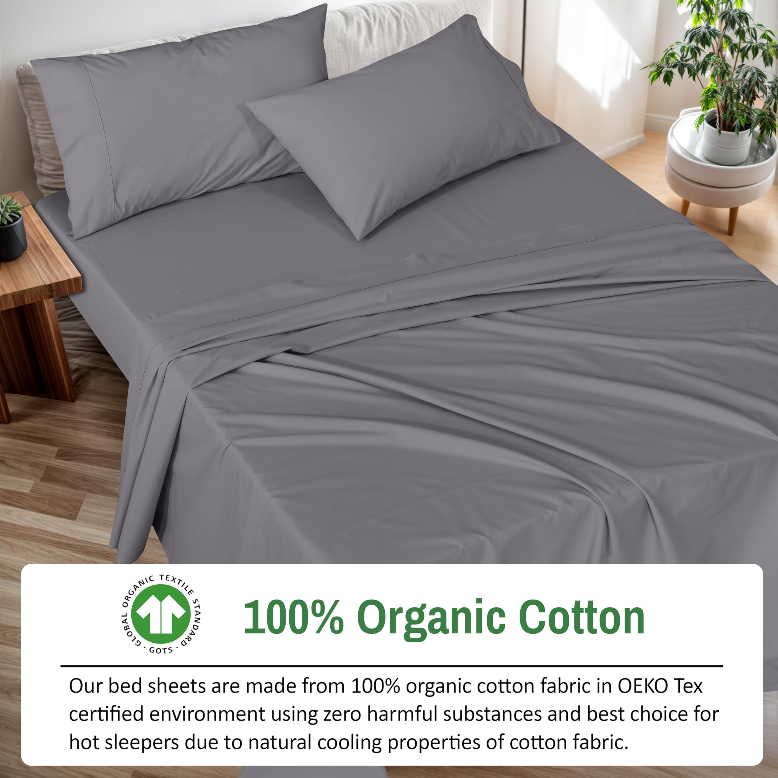 Ruvanti 100% Organic Cotton Sheets - Queen Sheet Set - Certified For Gots - Breathable & Comfortable - Soft & Cooling Percale Gr