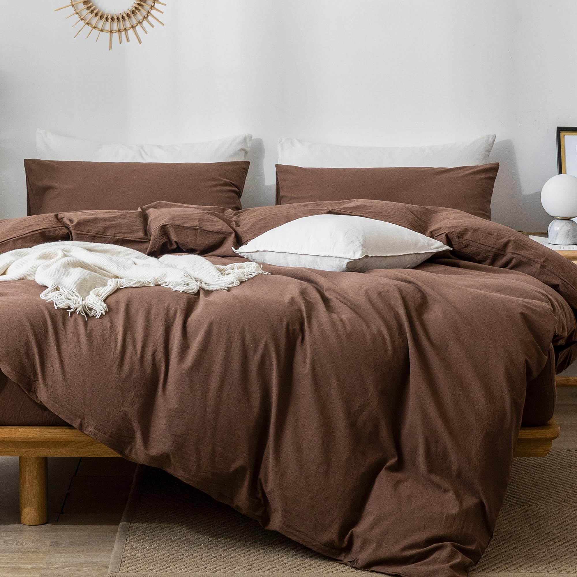 Moomee Bedding Duvet Cover Set 100% Washed Cotton Linen Like Textured Breathable Durable Soft Comfy (Cocoa Brown, Oversized Quee
