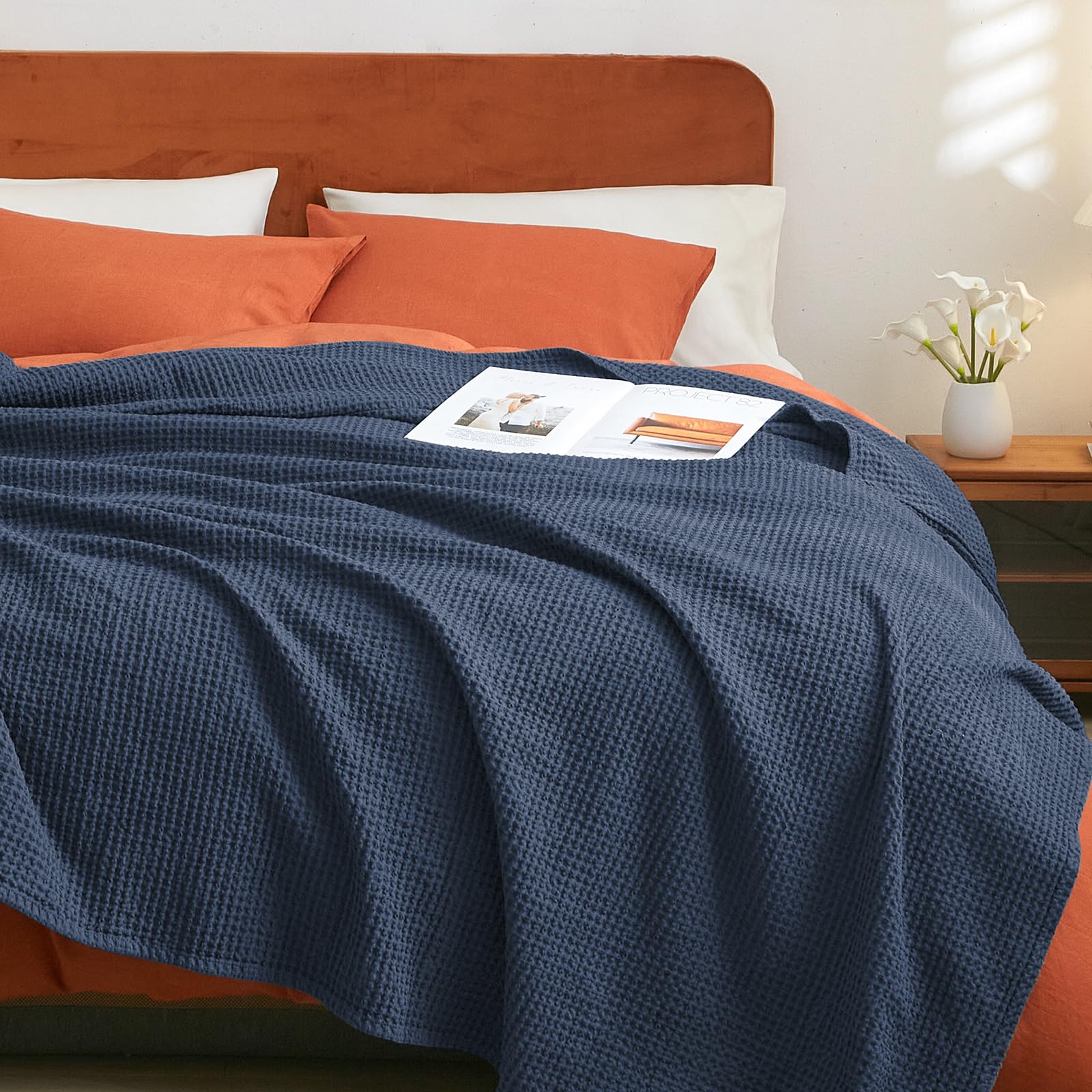 Phf 100% Cotton Waffle Weave Blanket Queen Size 90'X90'-Lightweight Cozy Washed Soft Breathable Throw - Perfect Layer For Couch Bed Sofa-Elegant Aesthetic Home Decoration Gift - Dark Navy