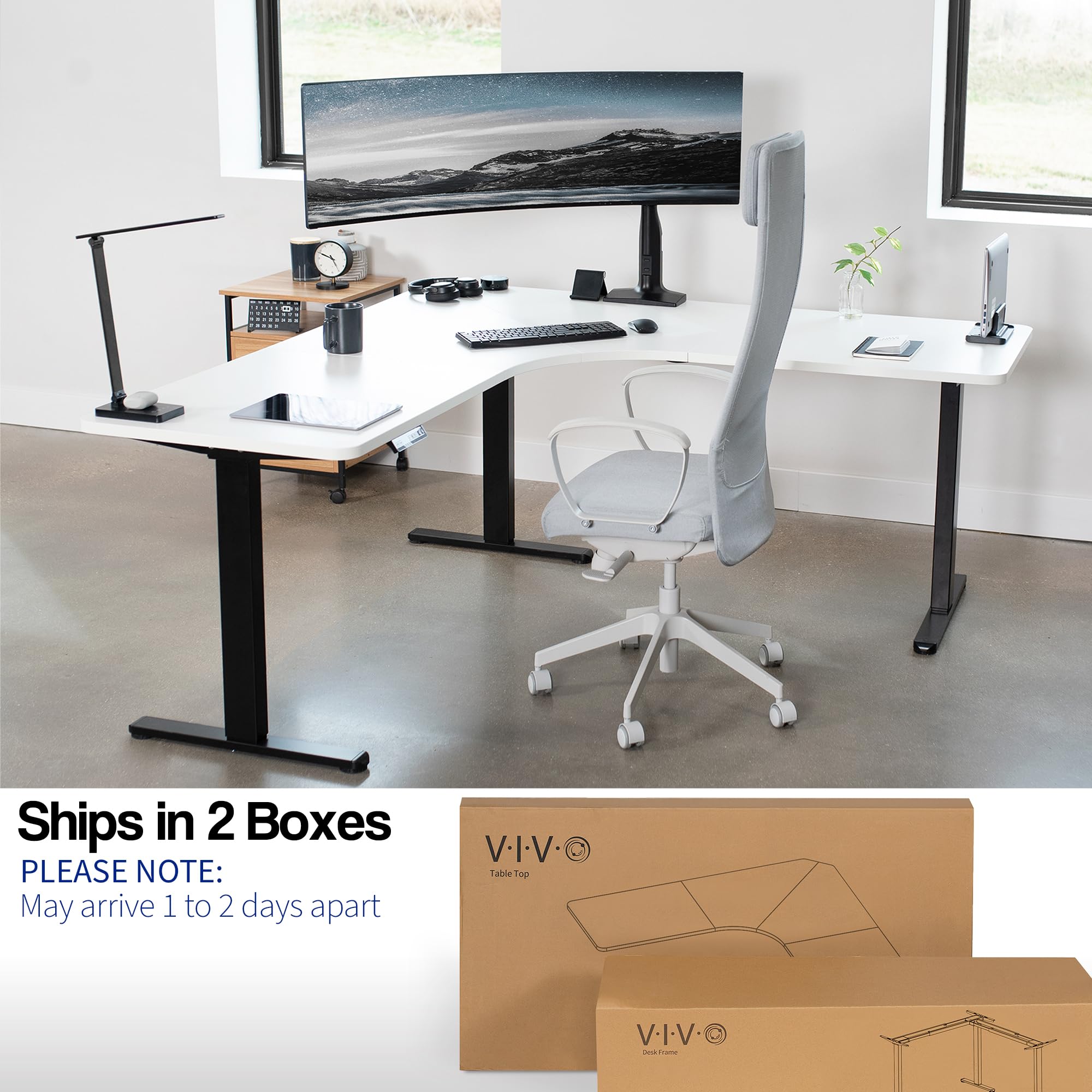 Vivo Electric Height Adjustable 71 X 71 Inch Curved Corner Stand Up Desk, White Table Top, Black Frame, Memory Controller, L-Shaped Workstation, E3C Series, Desk-Kit-E3Cbw
