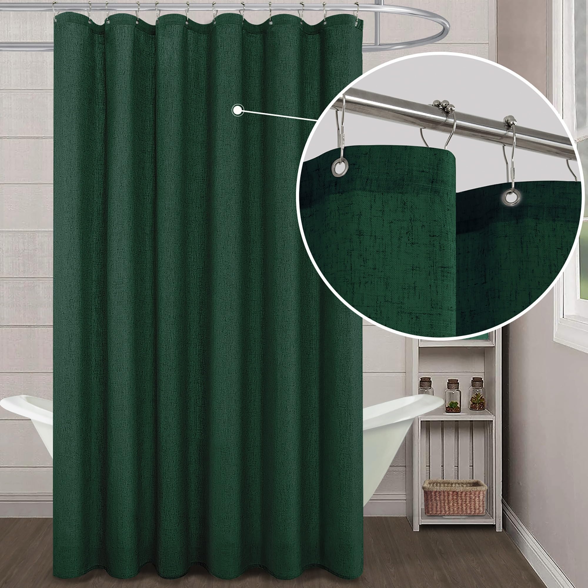 KOUFALL Dark Green Shower Curtain for Bathroom,Fabric Linen Washable Waterproof Cloth Boho Shower Curtain Set with Hooks,72x72 I