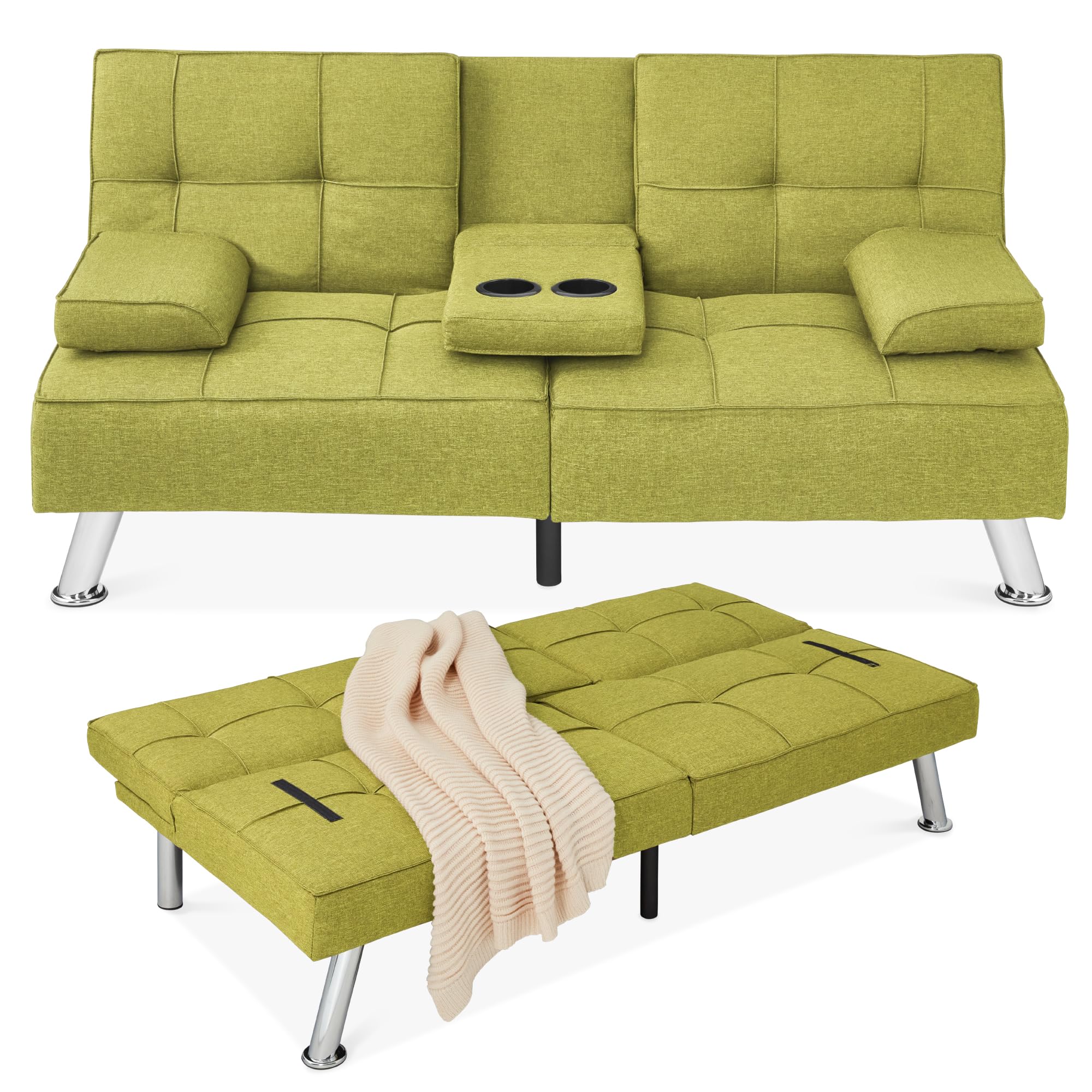 Best Choice Products Linen Modern Folding Futon, Reclining Sofa Bed for Apartment, Dorm w/Removable Armrests, 2 Cupholders - Cha