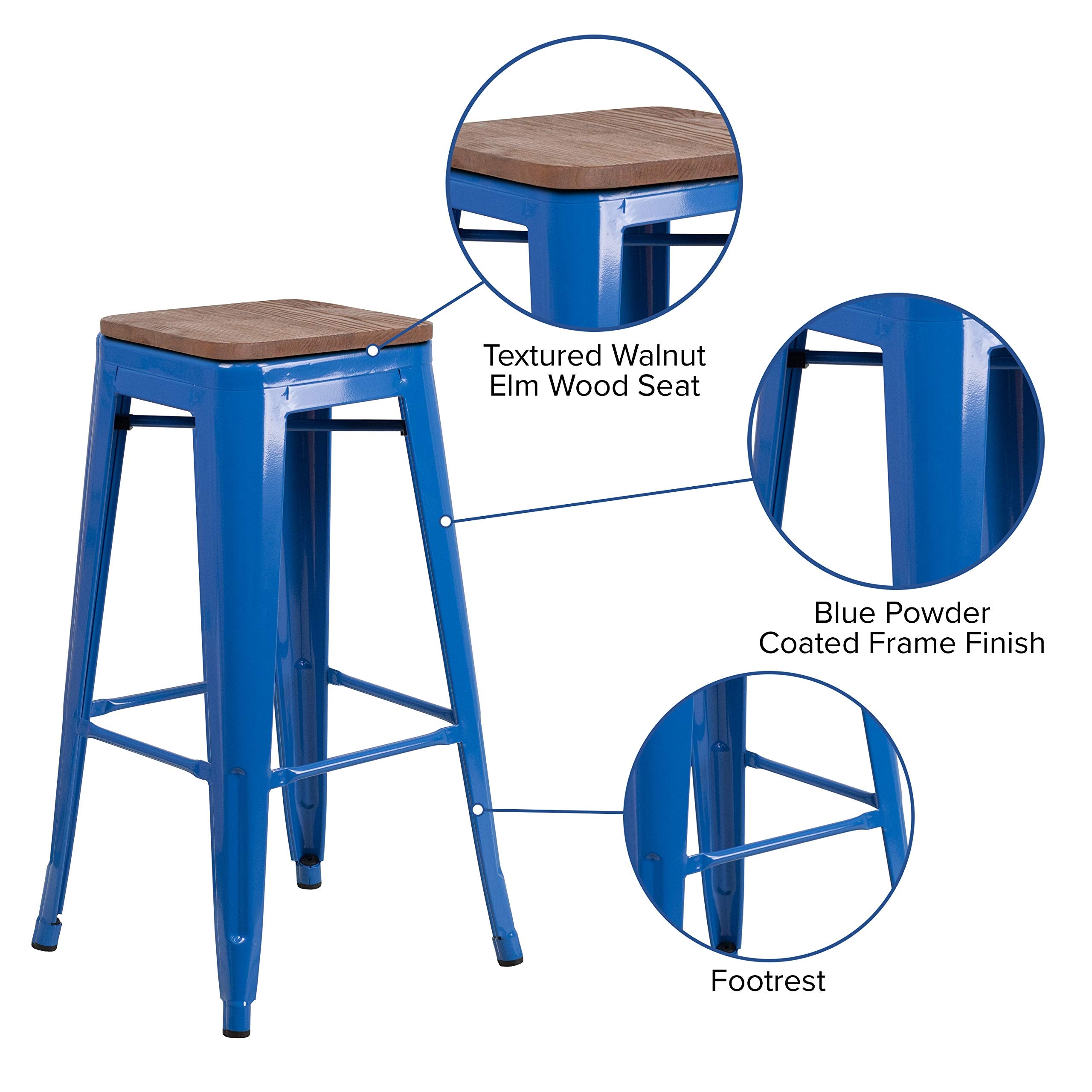Flash Furniture Lily 30" High Backless Blue Metal Barstool with Square Wood Seat