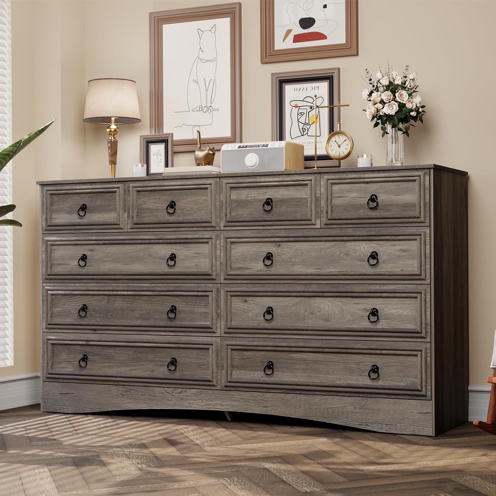 VVFLU 10 Drawers Dresser for Bedroom, 55.2 Inch Wide Large Dressers & Chests of Drawers, TV Stand for 65 inch, Storage Organizer
