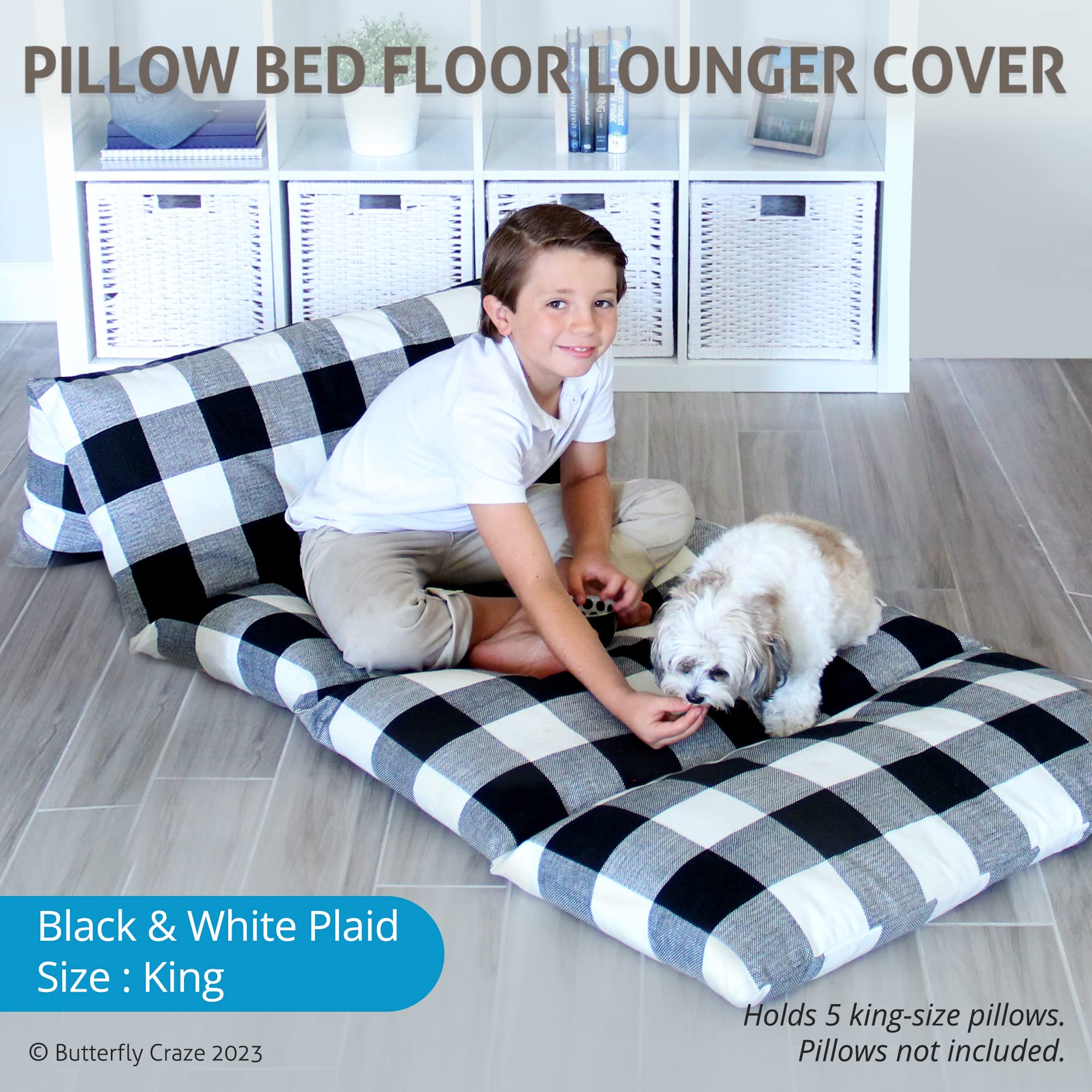 Butterfly Craze Floor Pillow Case, Mattress Bed Lounger Cover, Black/White, King Size - Cozy Seating Solution For Kids & Adults,