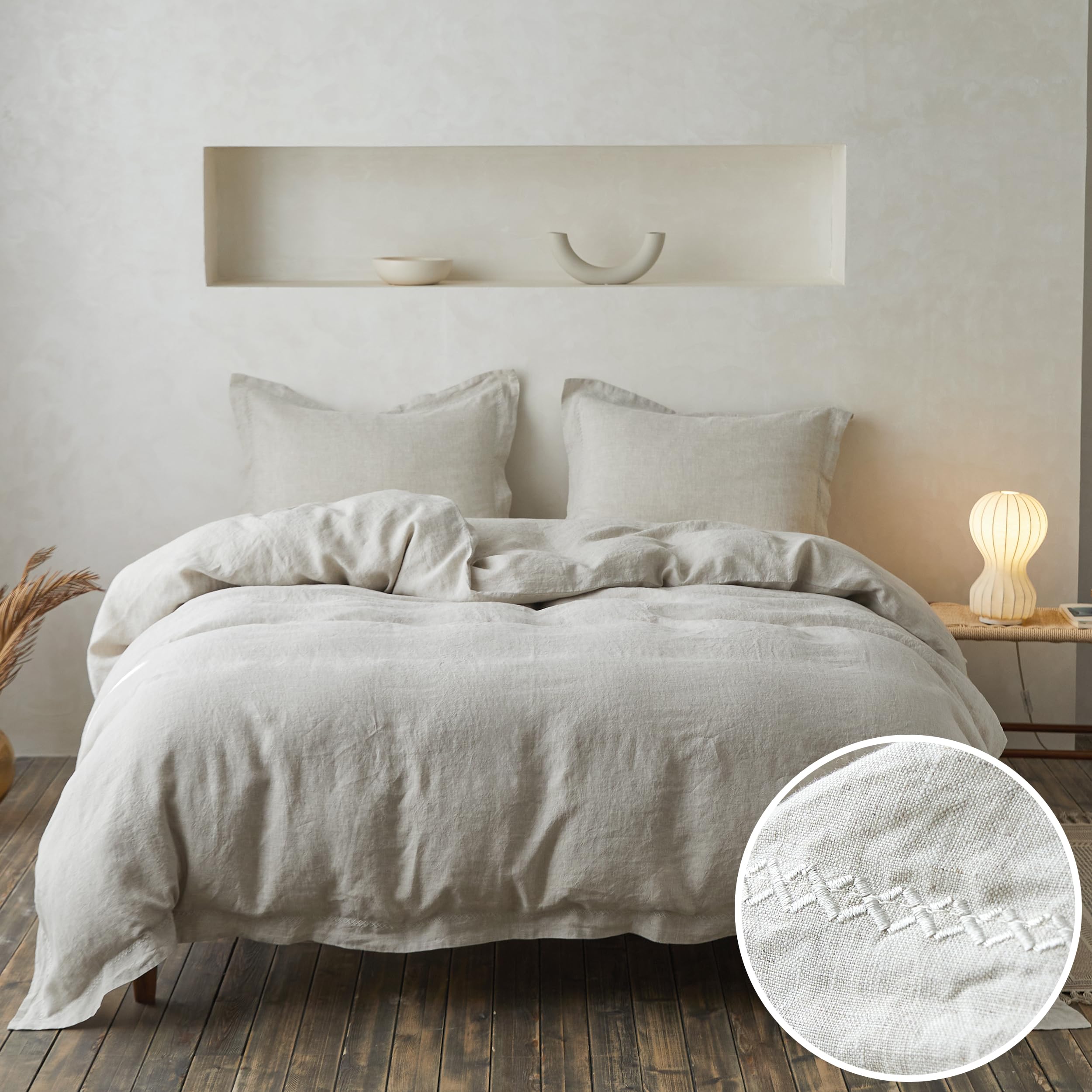 Simple&Opulence 100% Linen Duvet Cover Set With Crossed Embroidery Washed - 3 Pieces (1 Duvet Cover With 2 Pillow Shams) Soft Breathable Farmhouse - Linen, King Size