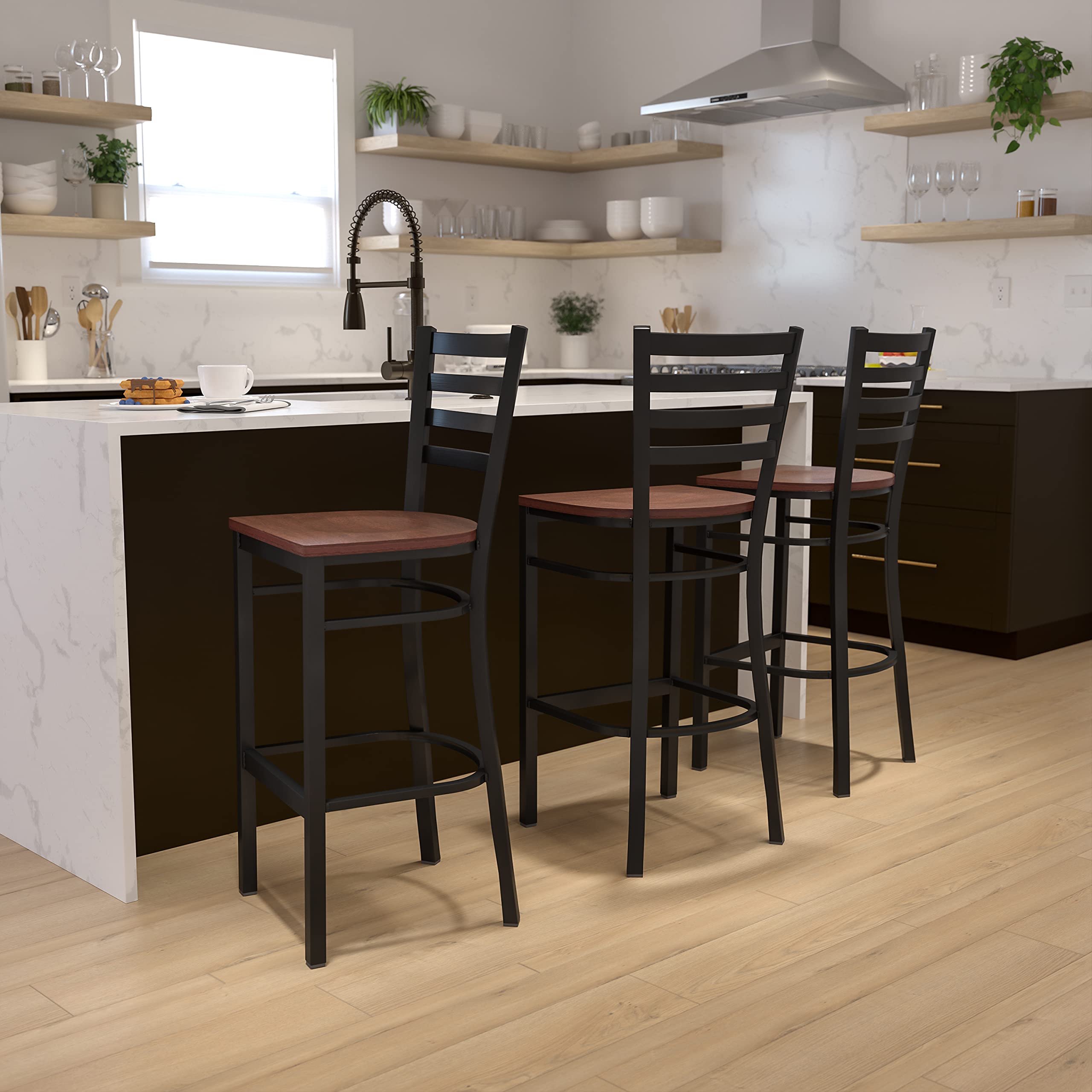 Flash Furniture HERCULES Series Black Ladder Back Metal Restaurant Barstool - Cherry Wood Seat