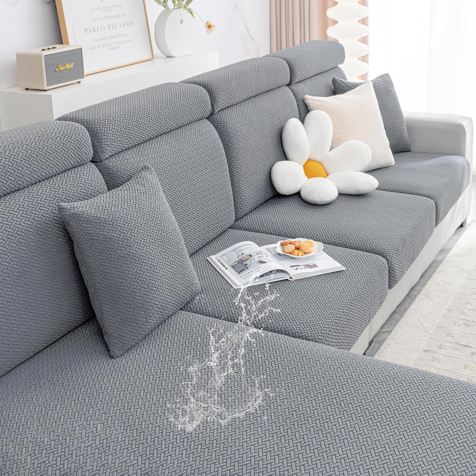 Smiry Waterproof Couch Cushion Covers, Stretch Jacquard Thick Sofa Cushion Covers, Washable Seat Cover Slipcover Elastic Furniture Protector For Pets, Kid (Chaise Cover, Light Grey)