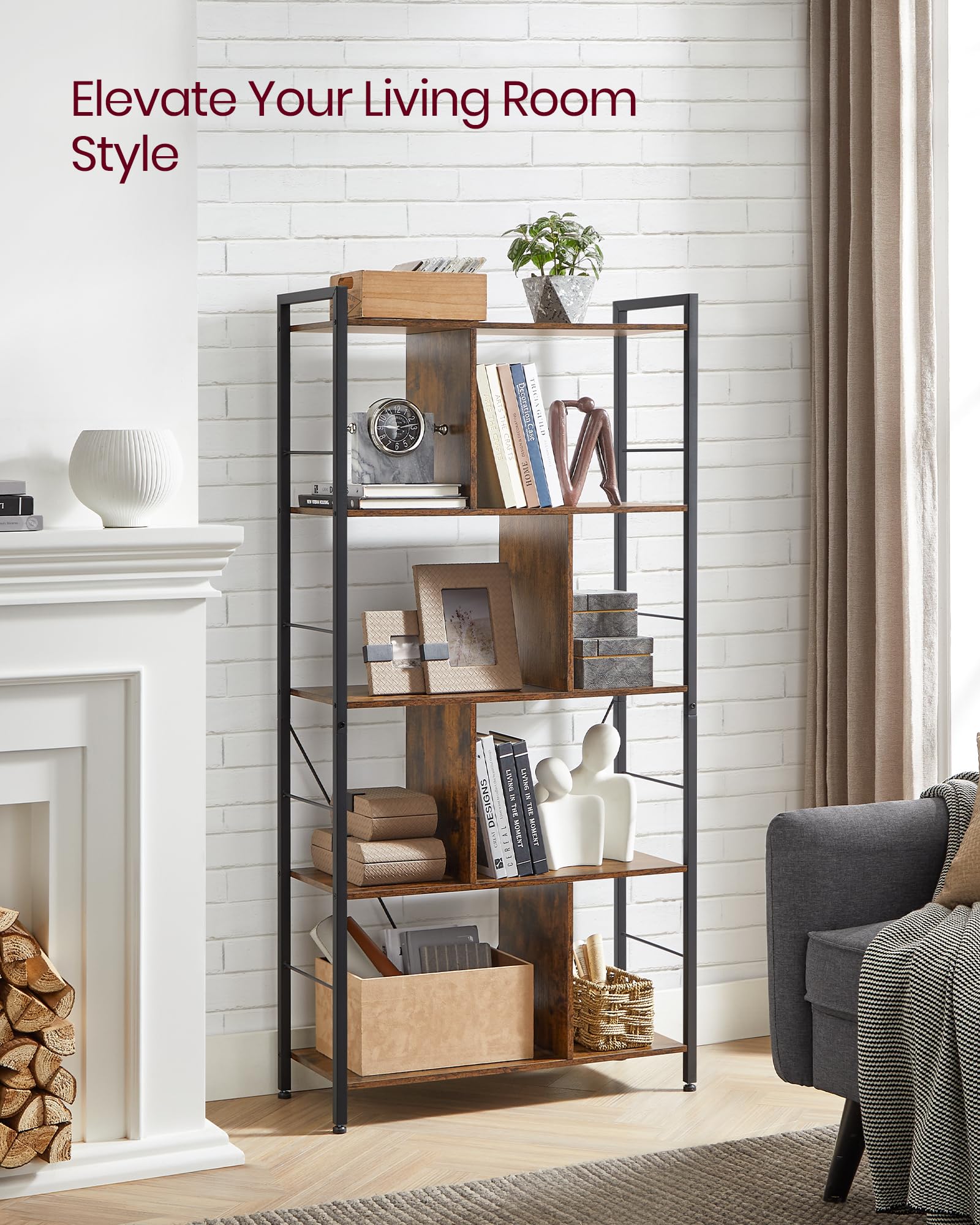 Vasagle Bookshelf, 5-Tier Bookcase, Storage Shelving Unit, Display Shelf With Open Compartments For Living Room, Home Office, Bedroom, Industrial, Rustic Brown And Black Ulbc121B01