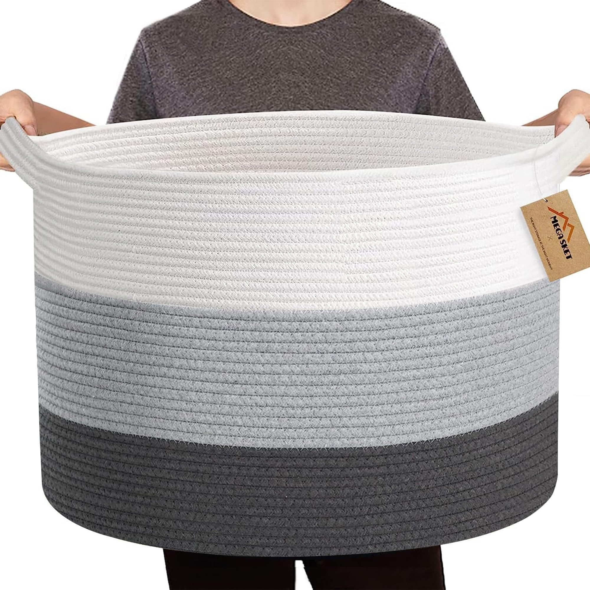 MEGASKET Large Kids Toy Basket, 22 x 14 Soft Woven Cotton Rope Basket, Toy Storage Bin for Kids, Big Baby Nursery Organization, 