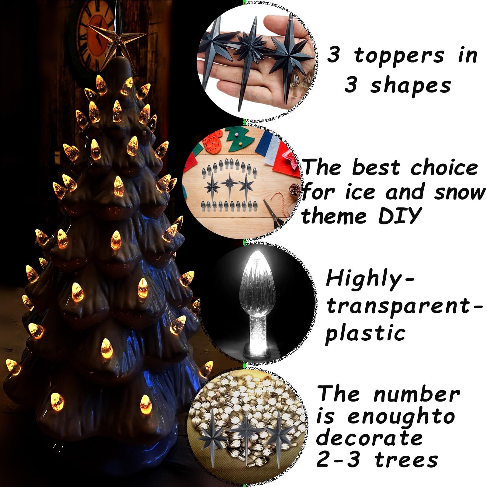 KonohaELF Ceramic Christmas Tree Replacement Bulbs, Medium Black Gray, 87 Bulbs & 3 Topper Star, Lucky 7 Series