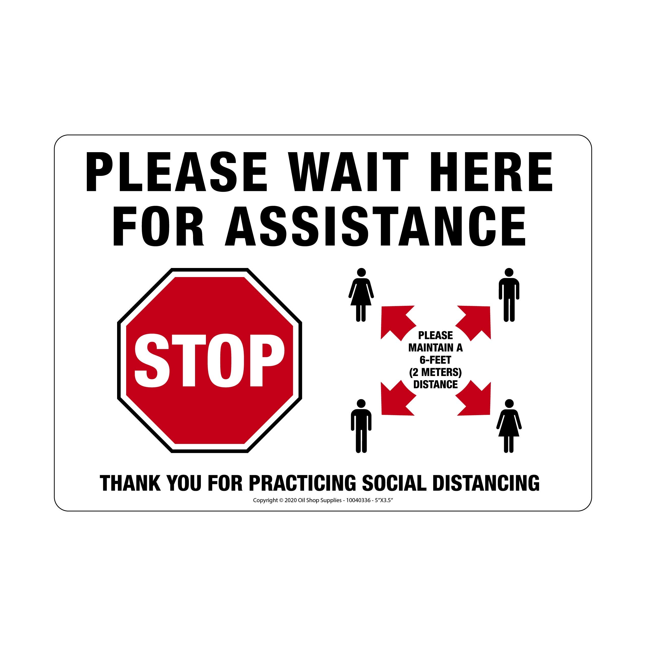 Vinyl Safety Sign - Please Wait Here For Assistance With Stop Sign Image, Horizontal (5'W X 3.5'H)
