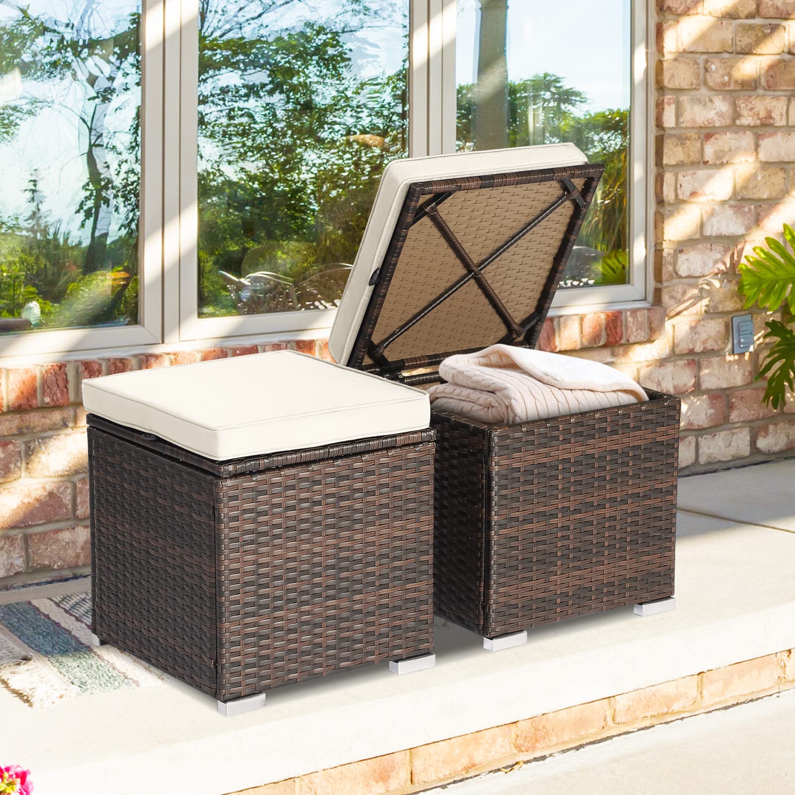 Oralner 16' Outdoor Ottoman, Set Of 2 Wicker Ottoman With Storage, All-Weather Rattan Cube Footstool W/Removable Cushions, Square Foot Rest Seating For Patio, Porch, Deck, Easy Assembly (Cream)
