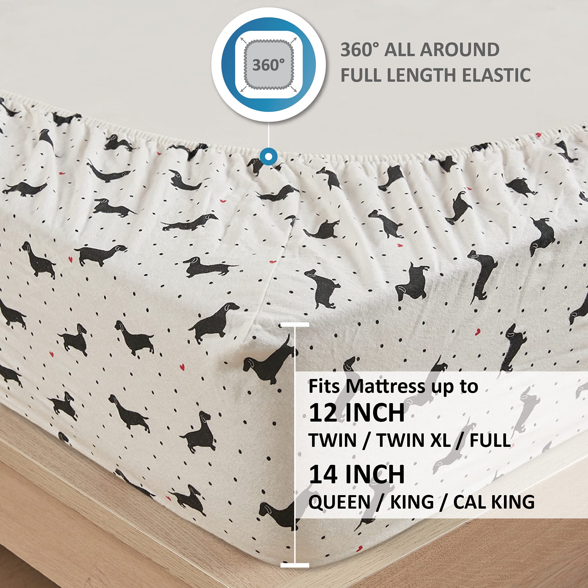 Comfort Spaces Cotton Flannel Sheet Set Deep Pocket Breathable Warm Full Novalty Black Dog 4 Piece