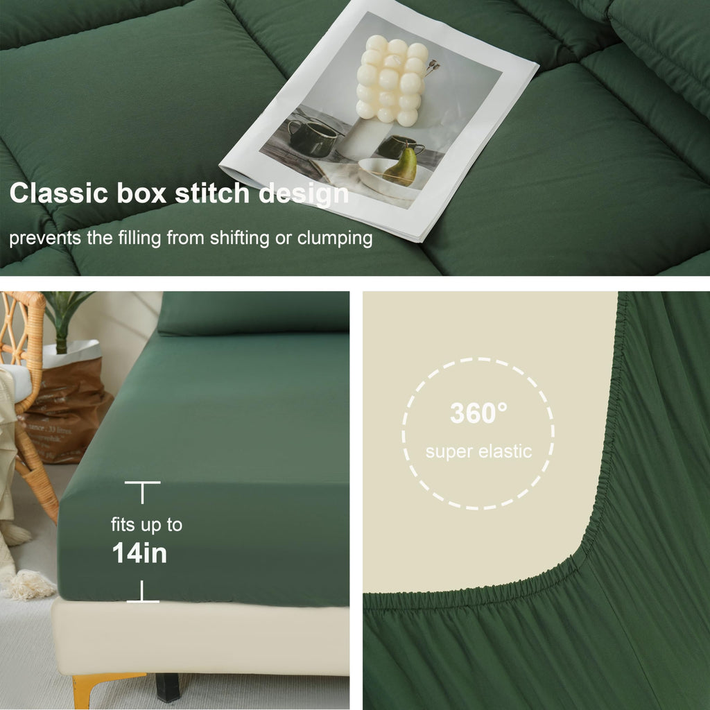 Downcool Full Size Comforter Sets, 7Pcs Full Size Bedding Sets Sage Green, All Season Down Alternative Bedding Comforter Sets Wi