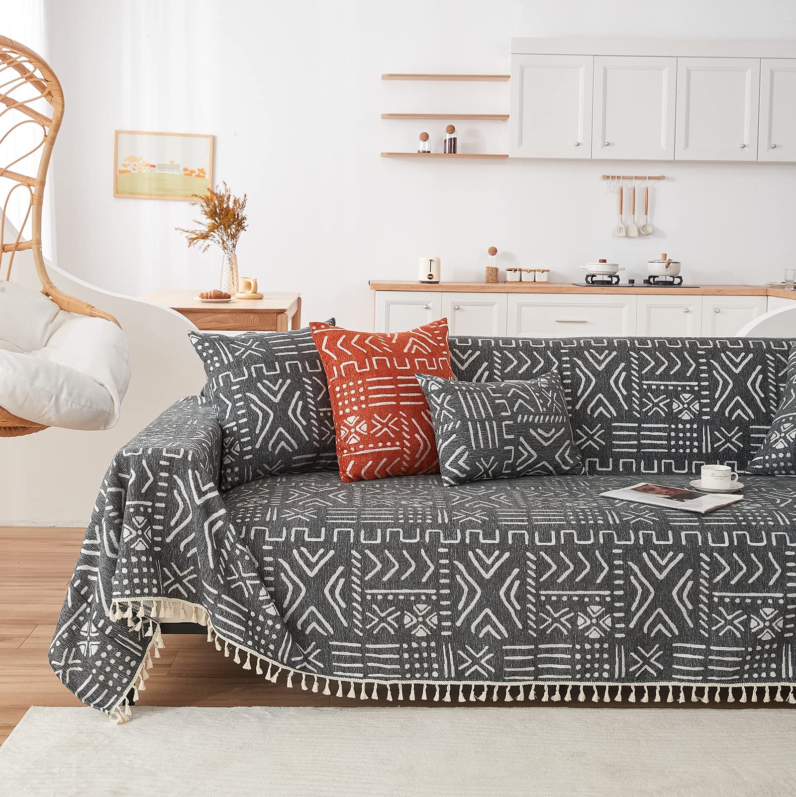 Handontime Black White Boho Sofa Cover Geometric Farmhouse Tassel Couch Covers Boho Living Room Décor Dog Sofa Covers For Slipcover Aesthetic Couch Cushion Cover Couch Protector For Dogs, 71' X134'