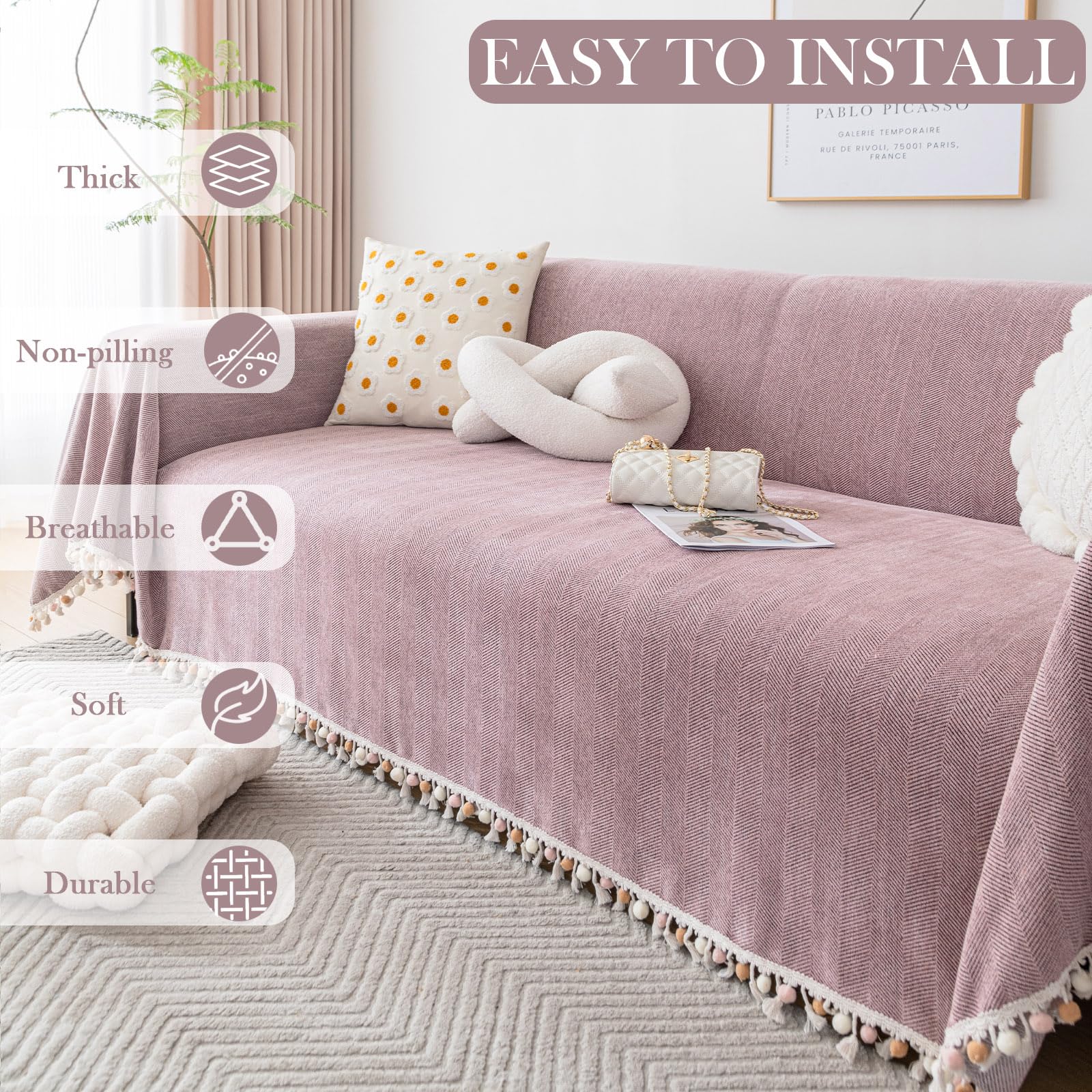 Handontime Soild Couch Covers For Dogs Pink-Purple Sofa Covers Boho Cover For Sofa 3 Seats Chenille Sofa Throw Cover Mauve Sofa Covers For 3 Cushion Couch Tassel Sofa Cover, 71' X118'