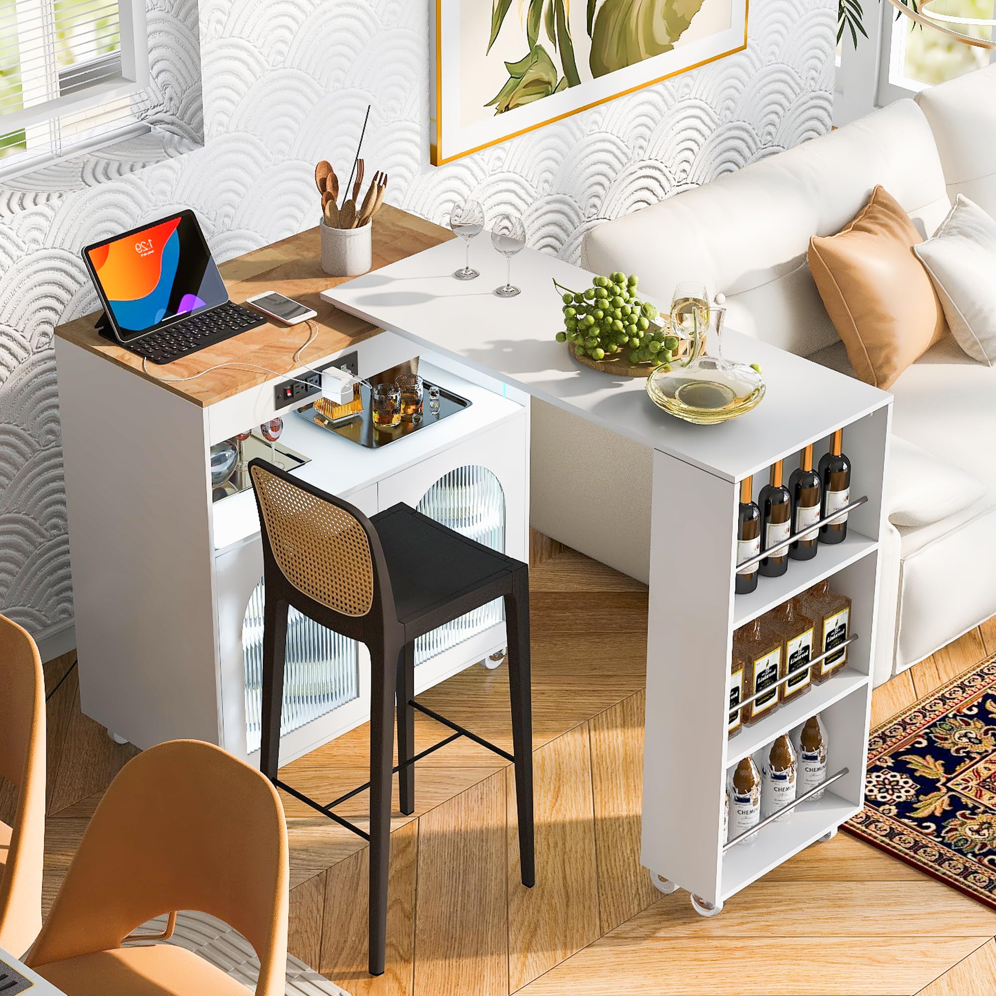 Lumisol Kitchen Island On Wheels With Extended Table, Rolling Kitchen Island Cart With Power Outlets And Led Lights, Side Table