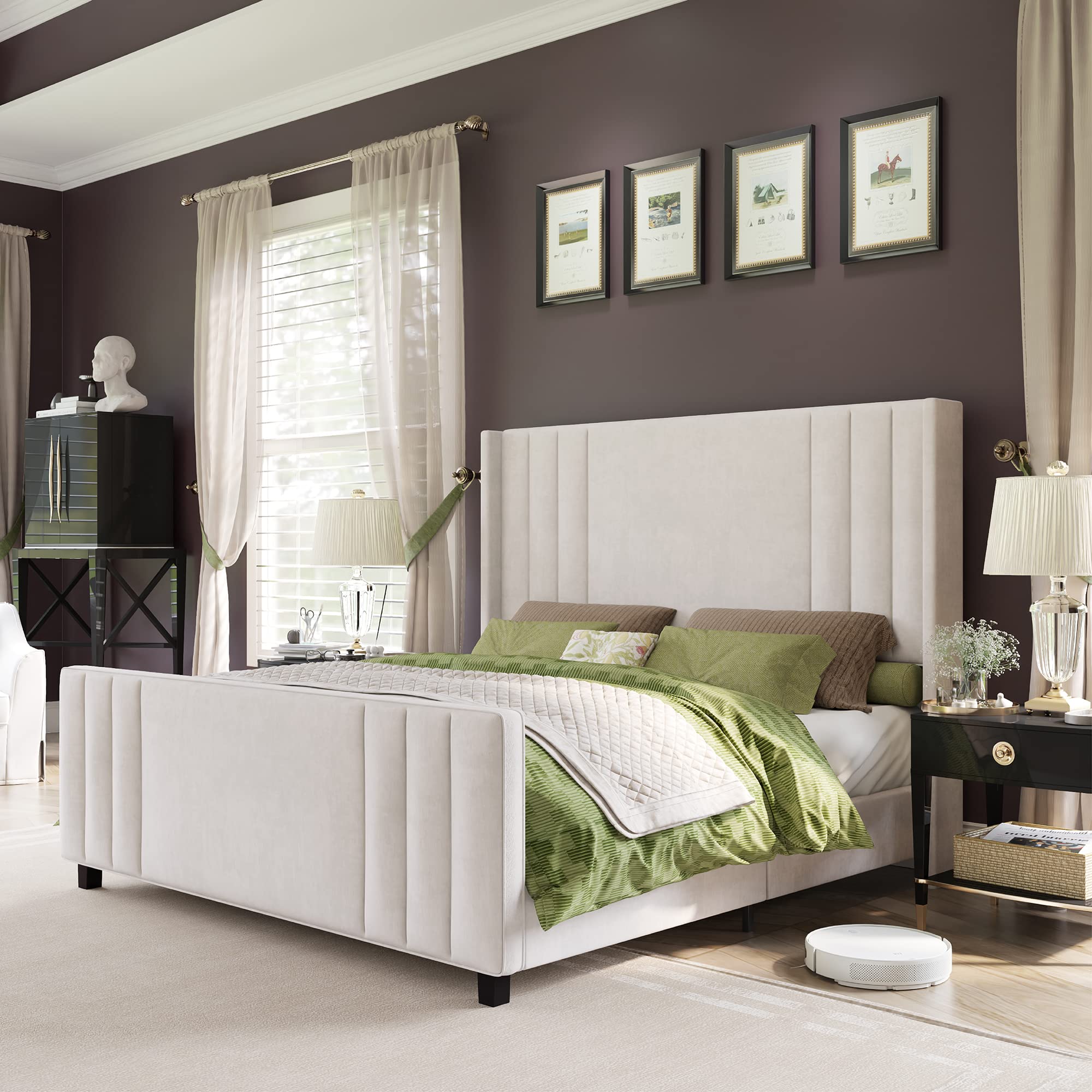 AMERLIFE King Size Bed Frame, Velvet Upholstered Platform Bed with Vertical Channel Tufted Headboard & Footboard/Wingback, Mattr