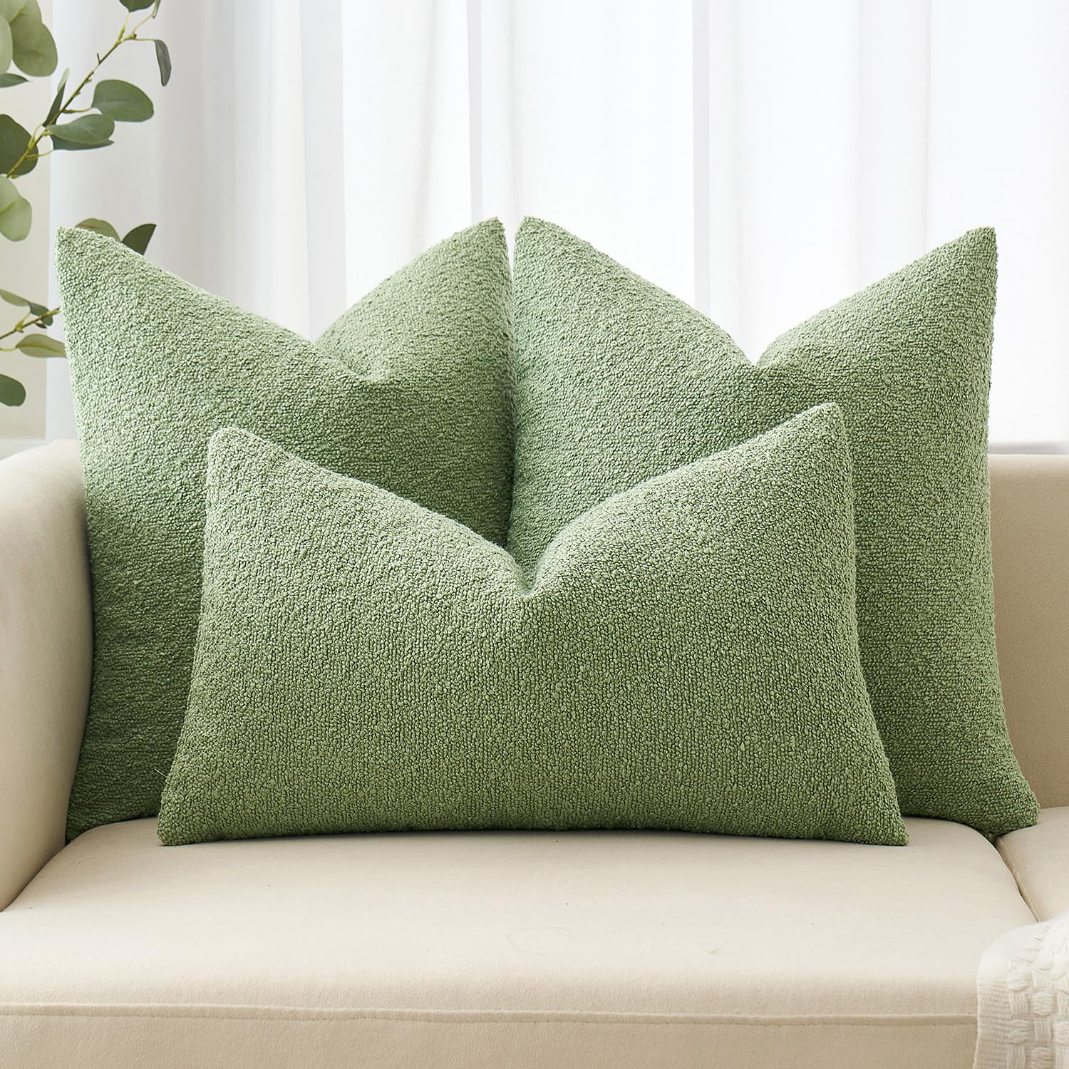 MIULEE Sage Green Throw Pillow Covers - 18x18 Inch, Textured Boucle, Soft Polyester, Set of 2 for Couch, Sofa, Bedroom Decor