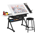 Yaheetech Height Adjustable White Art Desk for Adults, Tilting Tabletop Drafting Drawing Table with Extra Large Desktop and Draw
