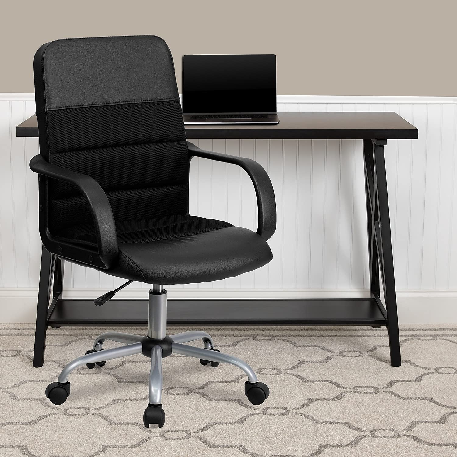 Flash Furniture Manor Mid-Back Swivel LeatherSoft Desk Chair with Headrest and Padded Arms, Adjustable Height Padded Ergonomic Office Chair, Black